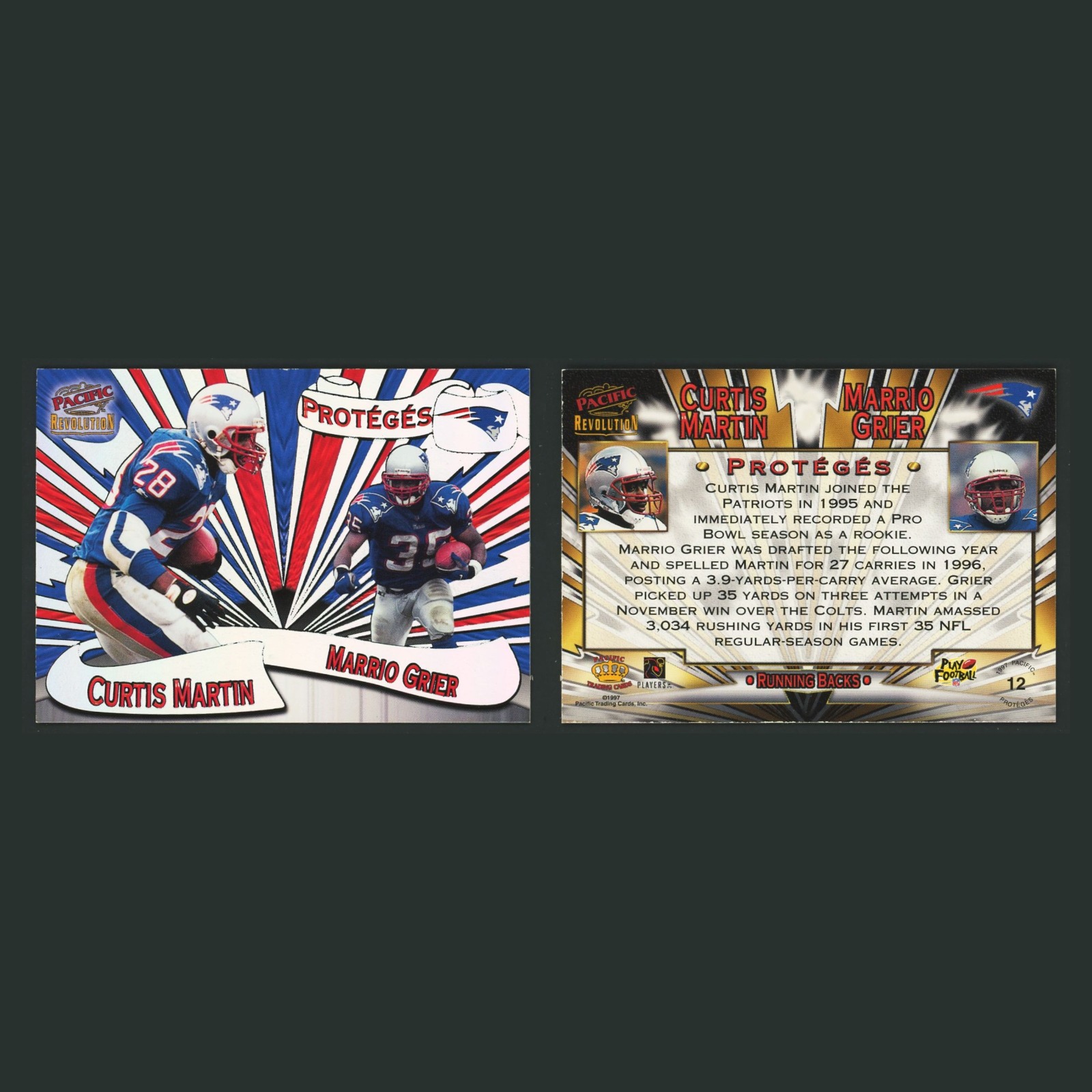 Curtis Martin/Mario Grier #12 1997 Pacific Revolution Proteges Silver Patriots front and back scans. Card condition is Near Mint.