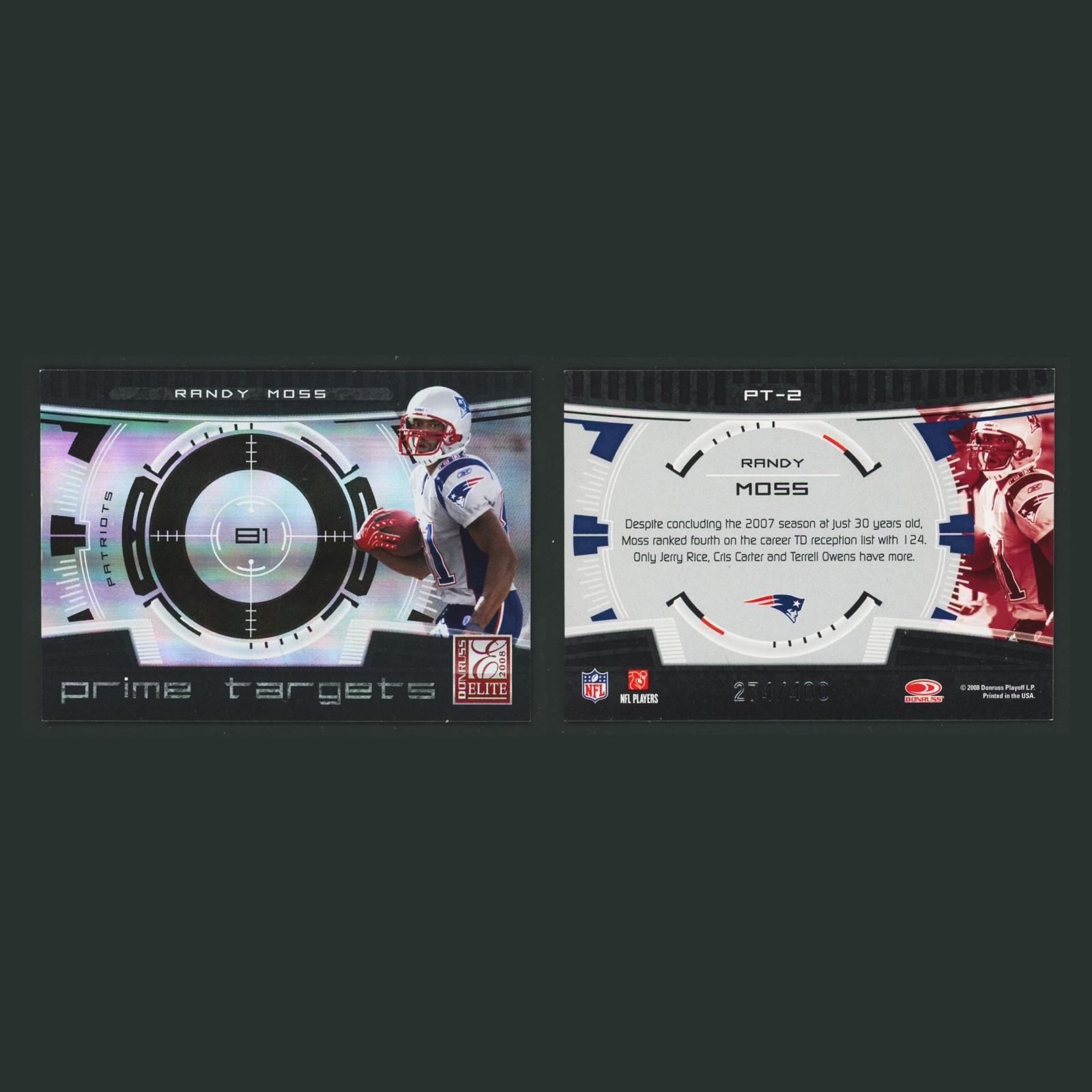 Randy Moss /400 #PT-2 2008 Donruss Elite Prime Targets Black Patriots Football front and back scans. Card condition is Excellent.
