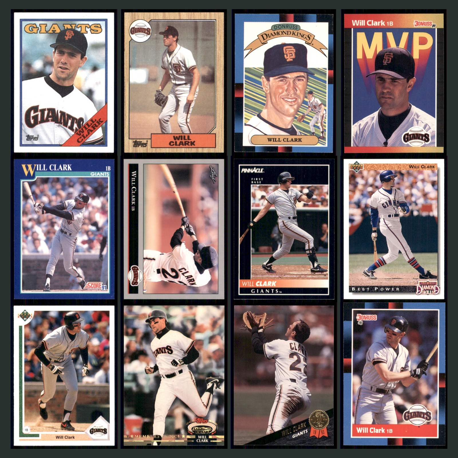Will Clark Lot 12 Baseball Cards 1988 Topps San Francisco Giants Set Collection card scans. Overall card condition is Excellent.