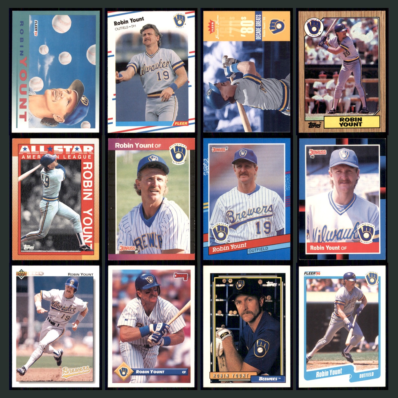 Robin Yount Lot 12 Baseball Cards 1992 Fleer Milwaukee Brewers Set Collection EX card scans. Overall card condition is Excellent.