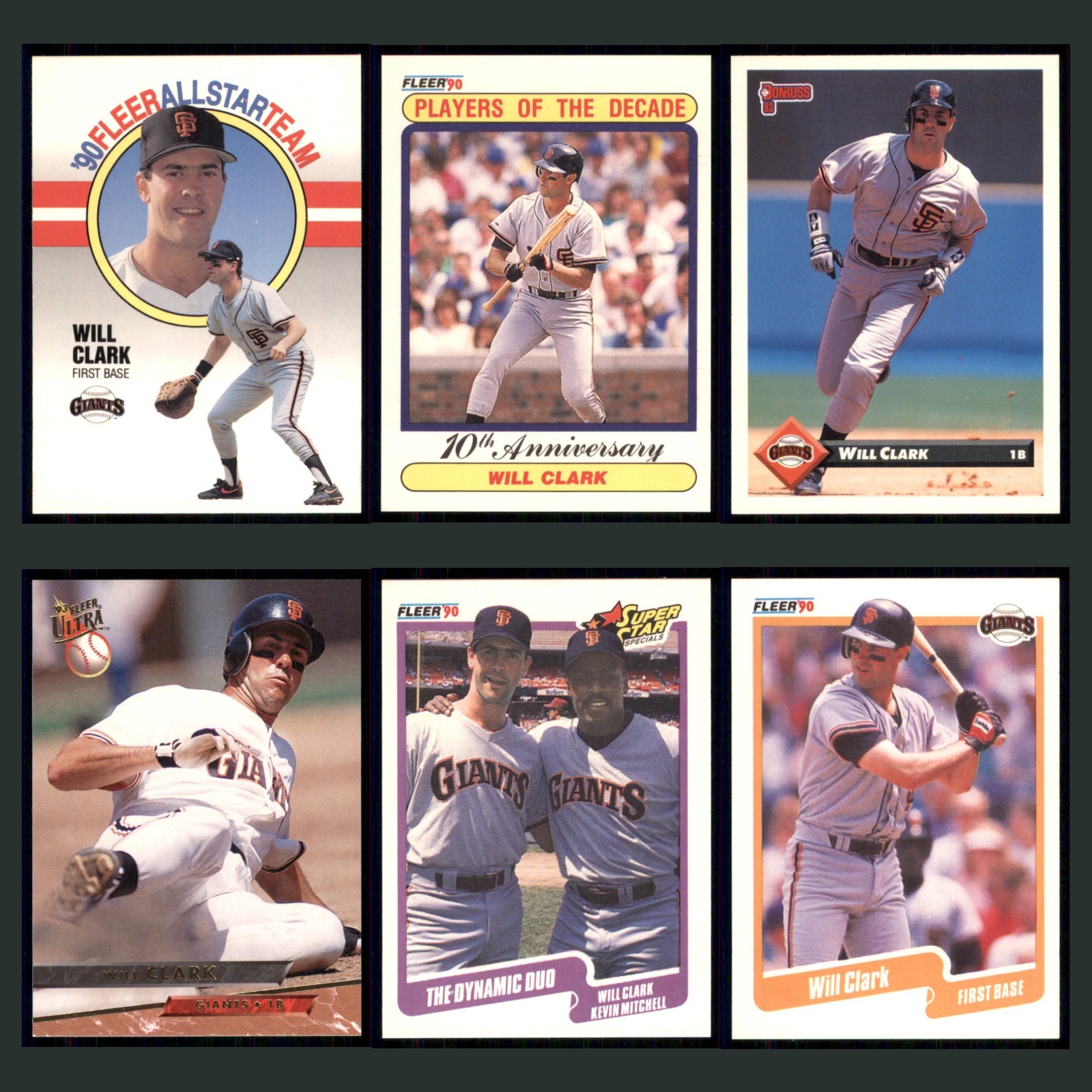 Will Clark Lot 6 Baseball Cards 1990 Fleer All-Star Team San Francisco Giants EX card scans. Overall card condition is Excellent.