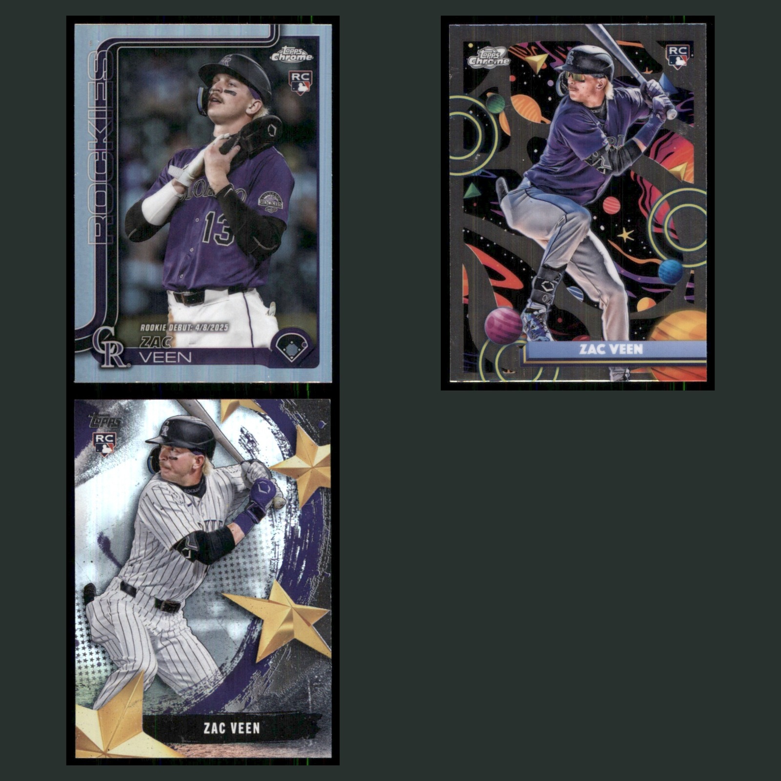 Zac Veen Rookie Lot 3 Baseball Cards 2025 Topps Chrome Update Refractor Rockies card scans. Overall card condition is Near Mint.