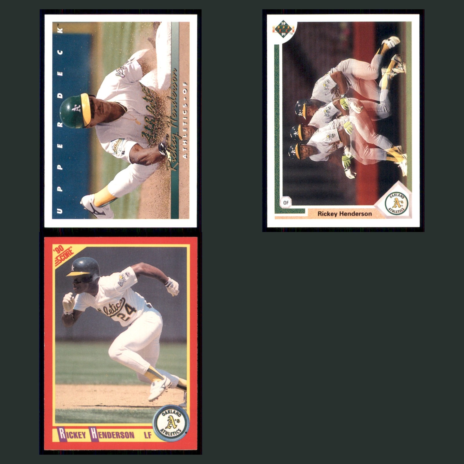 Rickey Henderson Lot 3 Baseball Cards 1993 Upper Deck Oakland Athletics Set MLB card scans. Overall card condition is Excellent.
