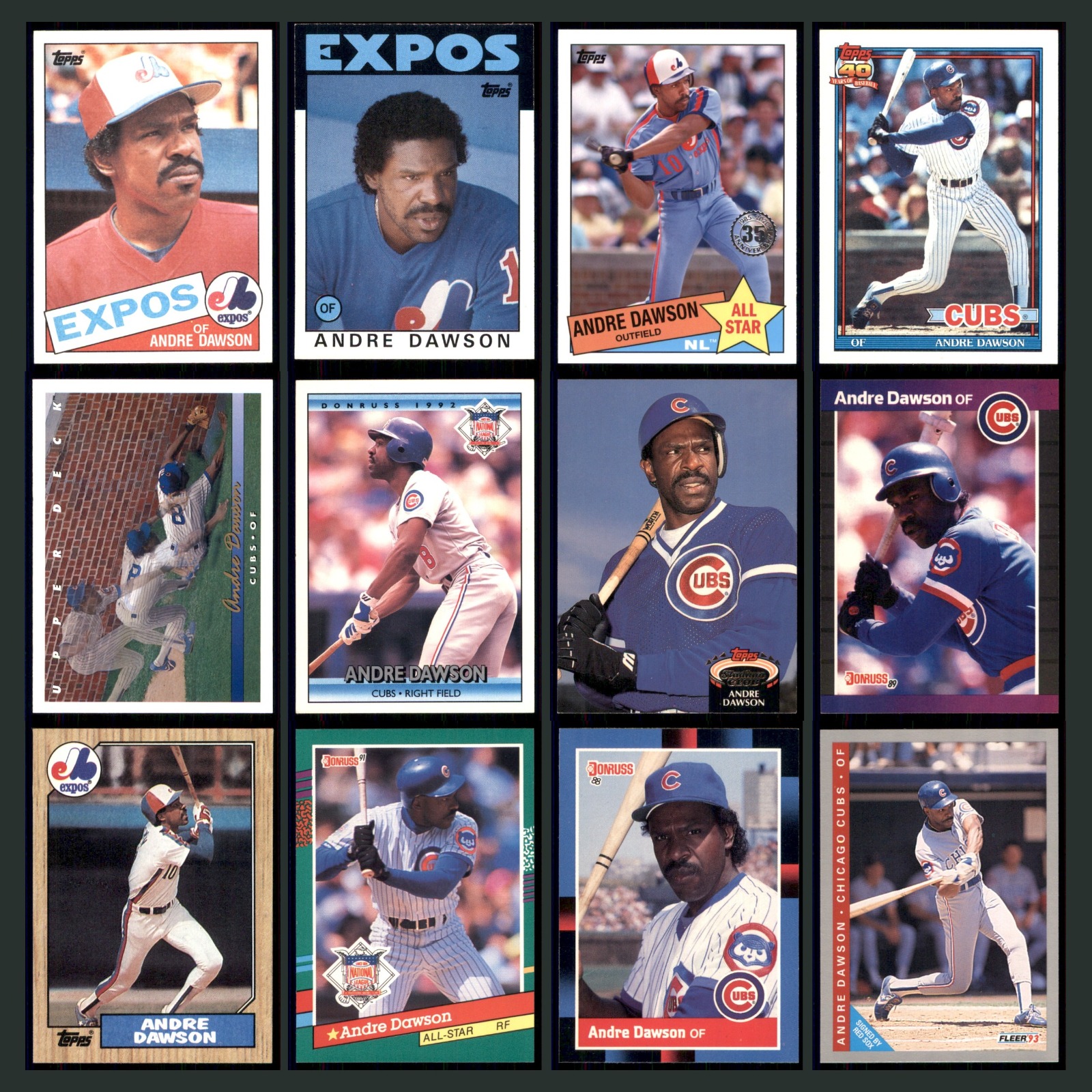 Andre Dawson Lot 12 Baseball Cards 1985 Topps Montreal Expos Set Collection MLB card scans. Overall card condition is Excellent.