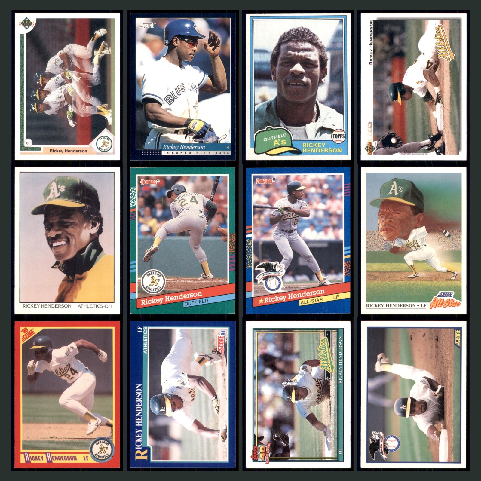 Rickey Henderson Lot 12 Baseball Cards 1991 Upper Deck Oakland Athletics Set MLB card scans. Overall card condition is Excellent.