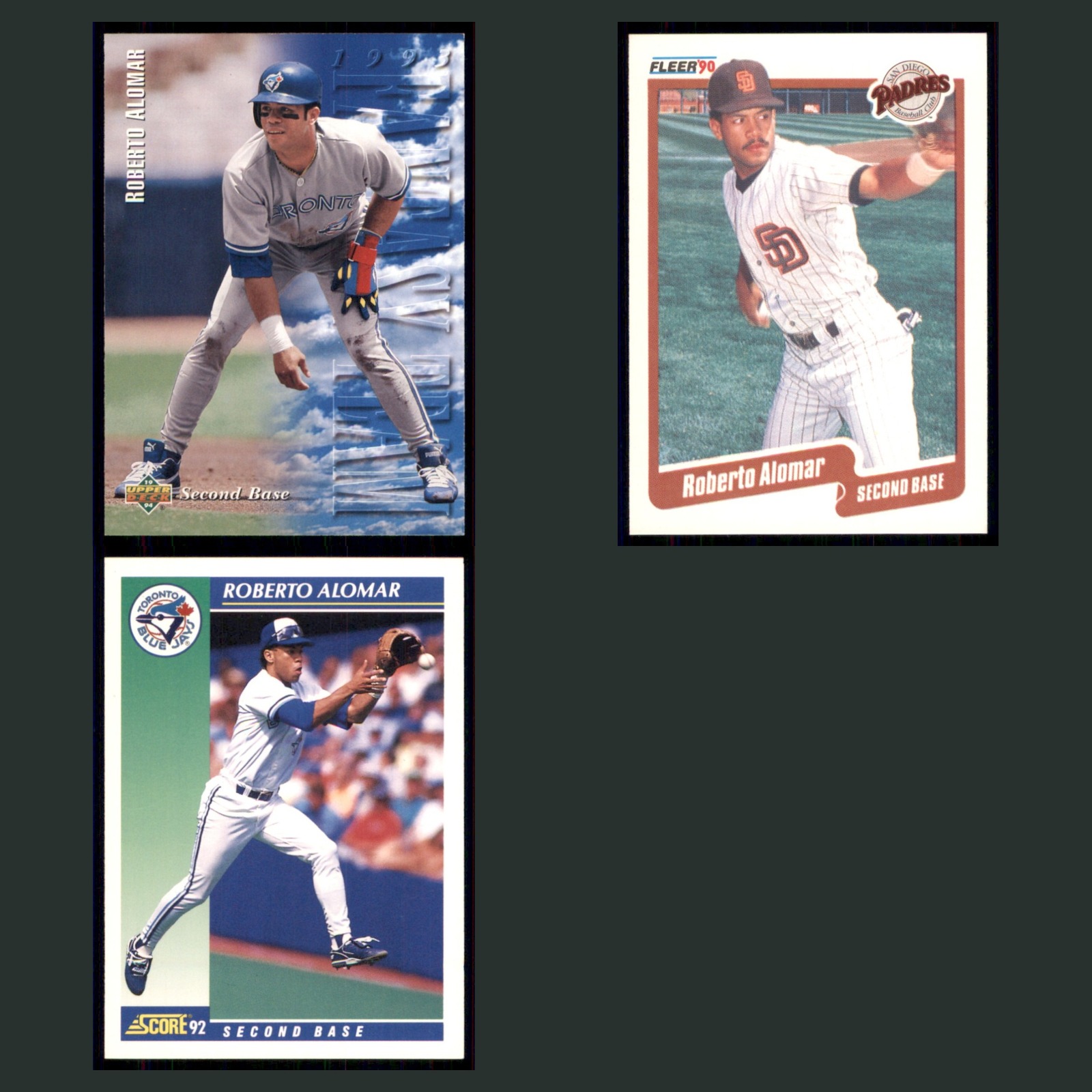 Roberto Alomar Lot 3 Baseball Cards 1994 Upper Deck Toronto Blue Jays Set MLB EX card scans. Overall card condition is Excellent.