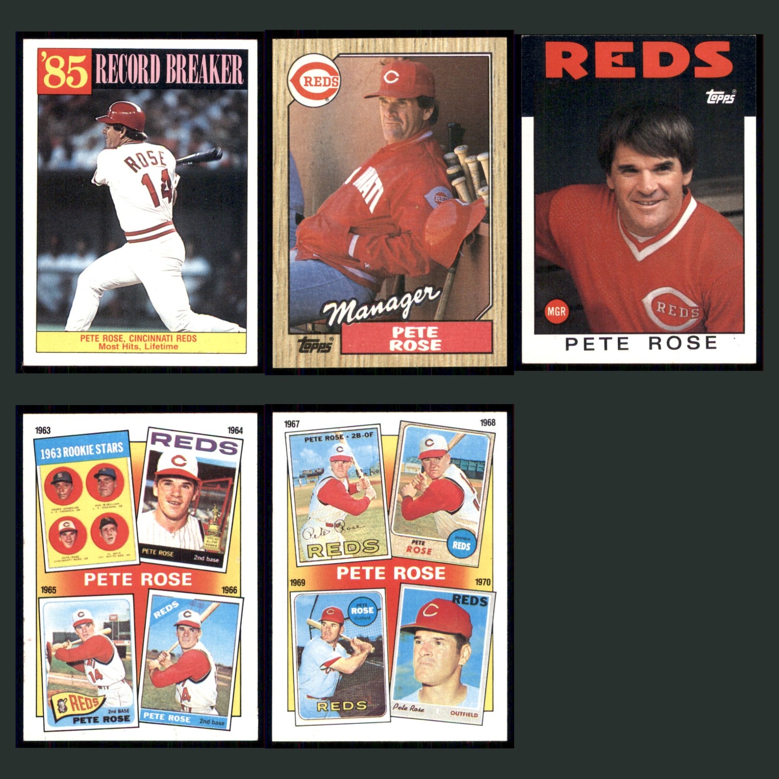 Pete Rose Lot 5 Baseball Cards 1986 Topps Cincinnati Reds Set Collection MLB EX card scans. Overall card condition is Excellent.