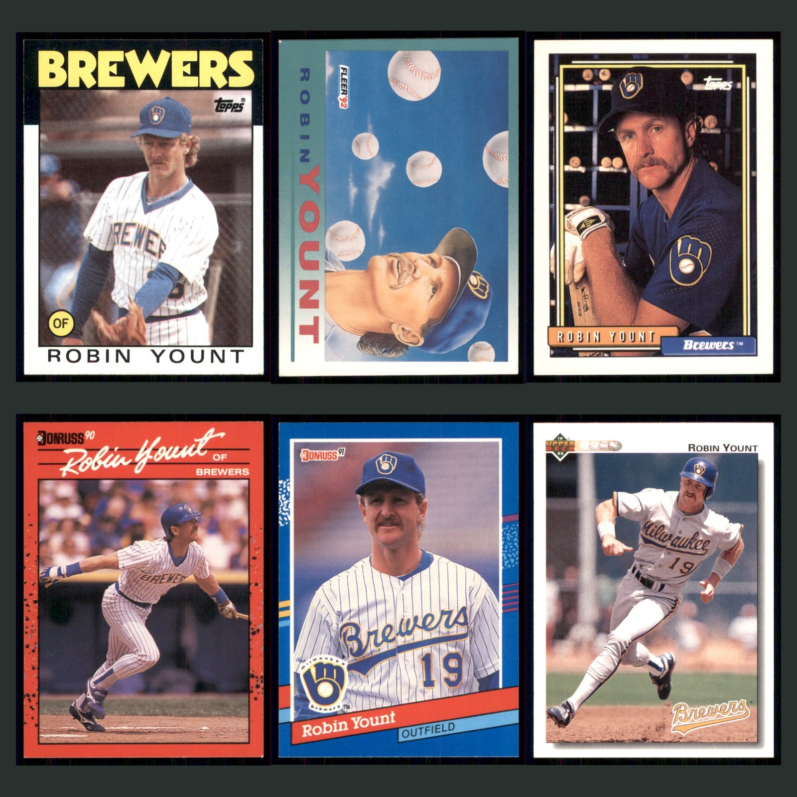 Robin Yount Lot 6 Baseball Cards 1986 Topps Milwaukee Brewers Set Collection MLB card scans. Overall card condition is Excellent.