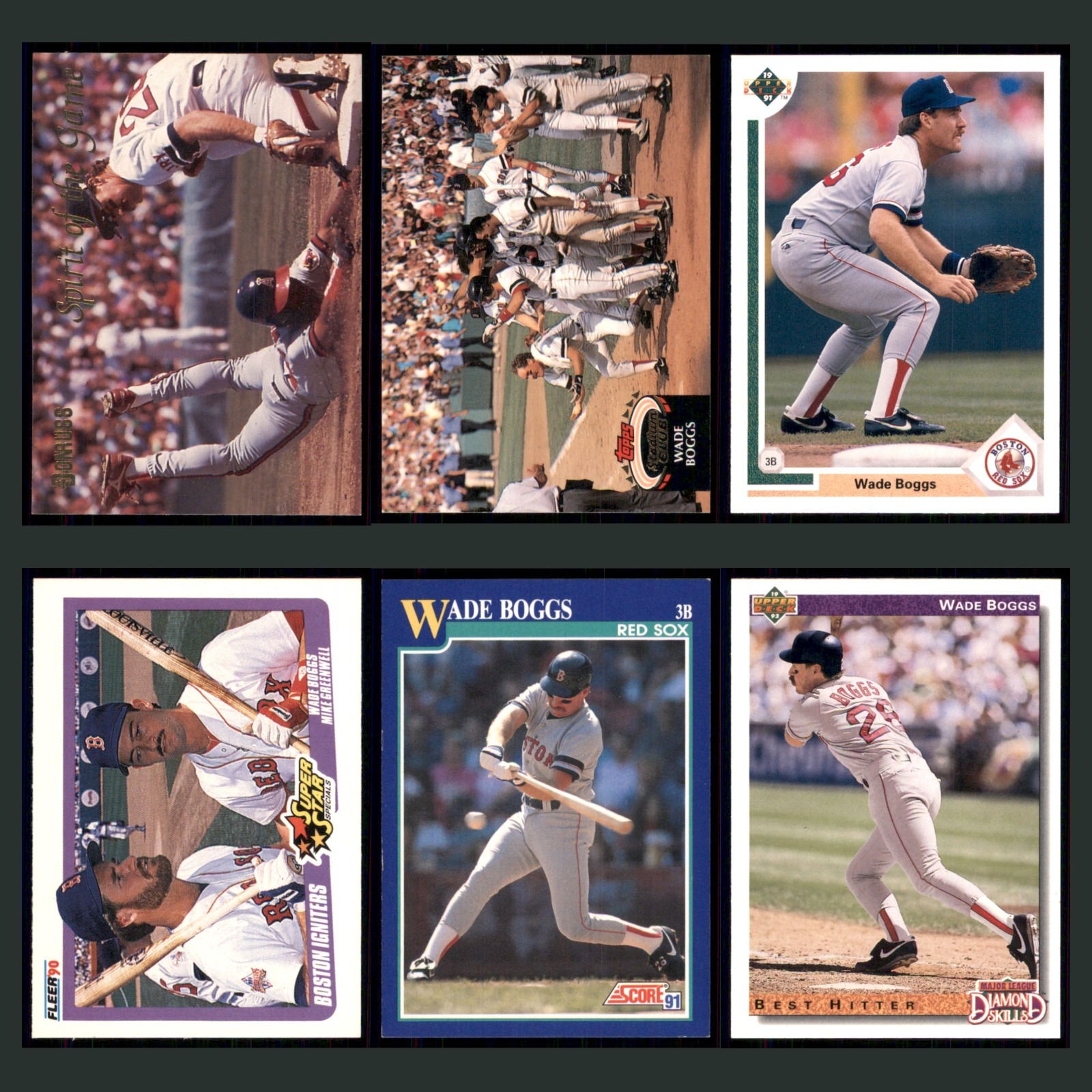 Wade Boggs Lot 6 Baseball Cards 1992 Donruss Spirit of the Game Boston Red Sox card scans. Overall card condition is Excellent.