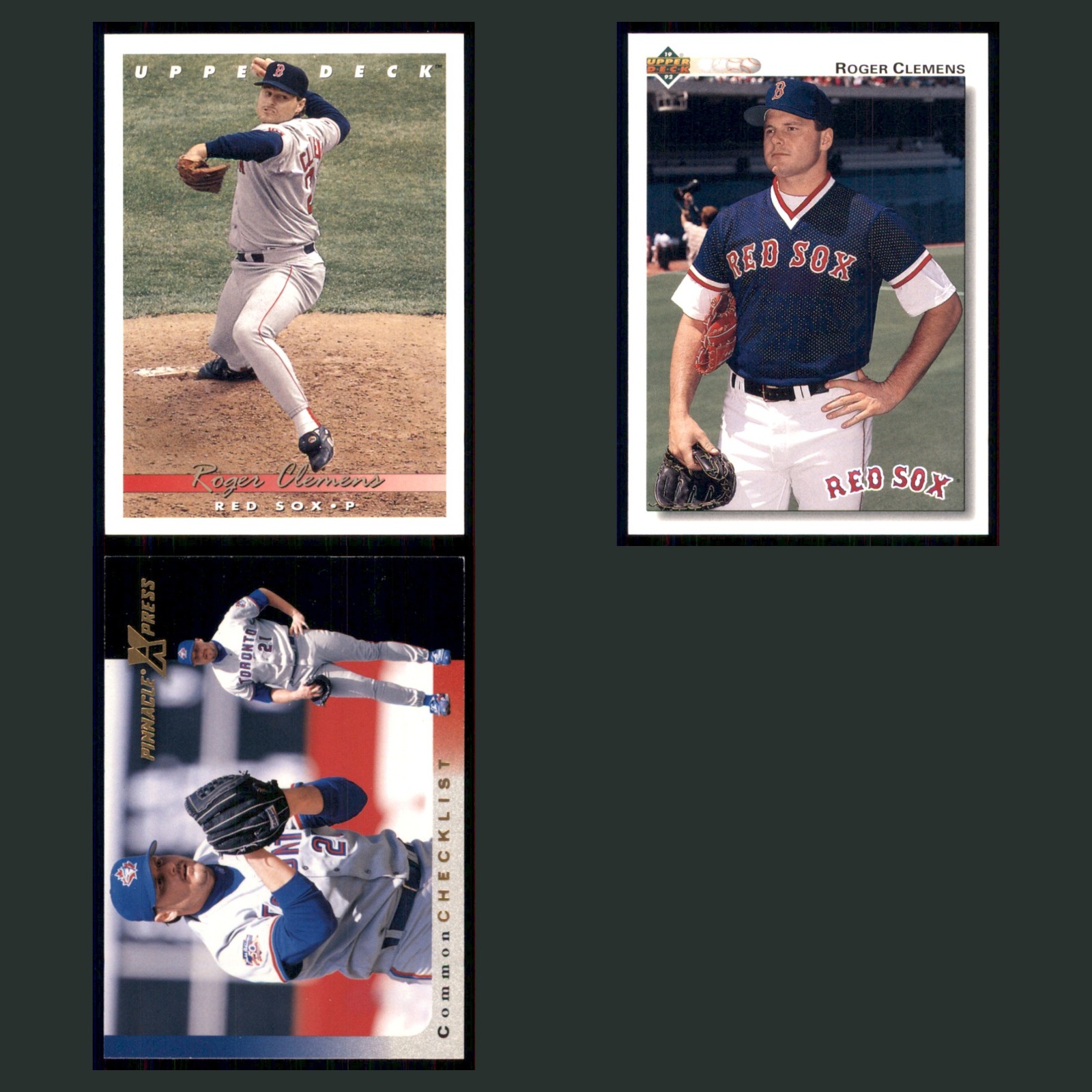 Roger Clemens Lot 3 Baseball Cards 1993 Upper Deck Boston Red Sox Set Collection card scans. Overall card condition is Excellent.