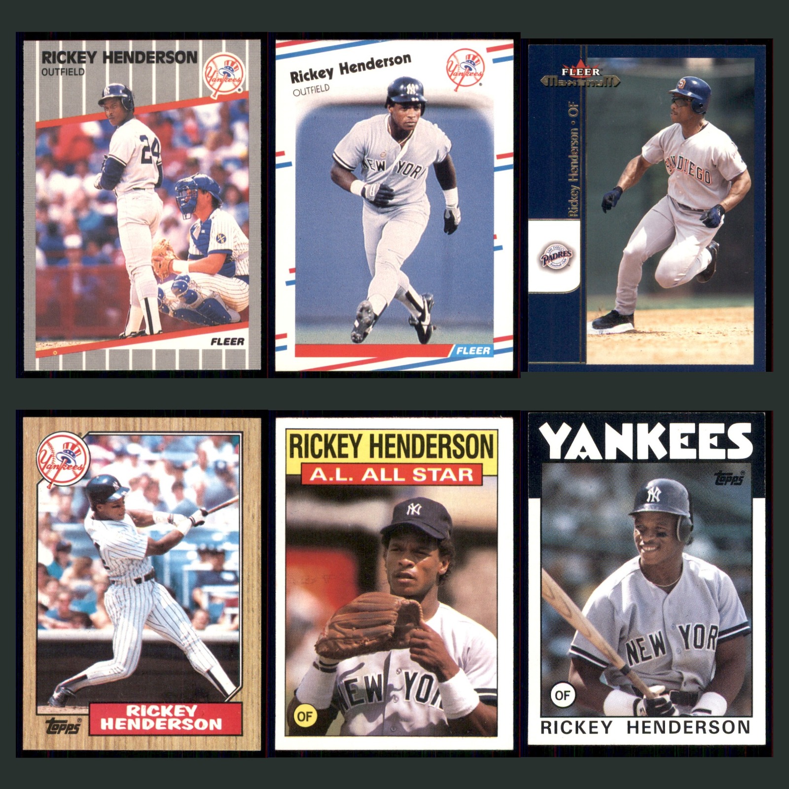 Rickey Henderson Lot 6 Baseball Cards 1989 Fleer New York Yankees Set Collection card scans. Overall card condition is Excellent.