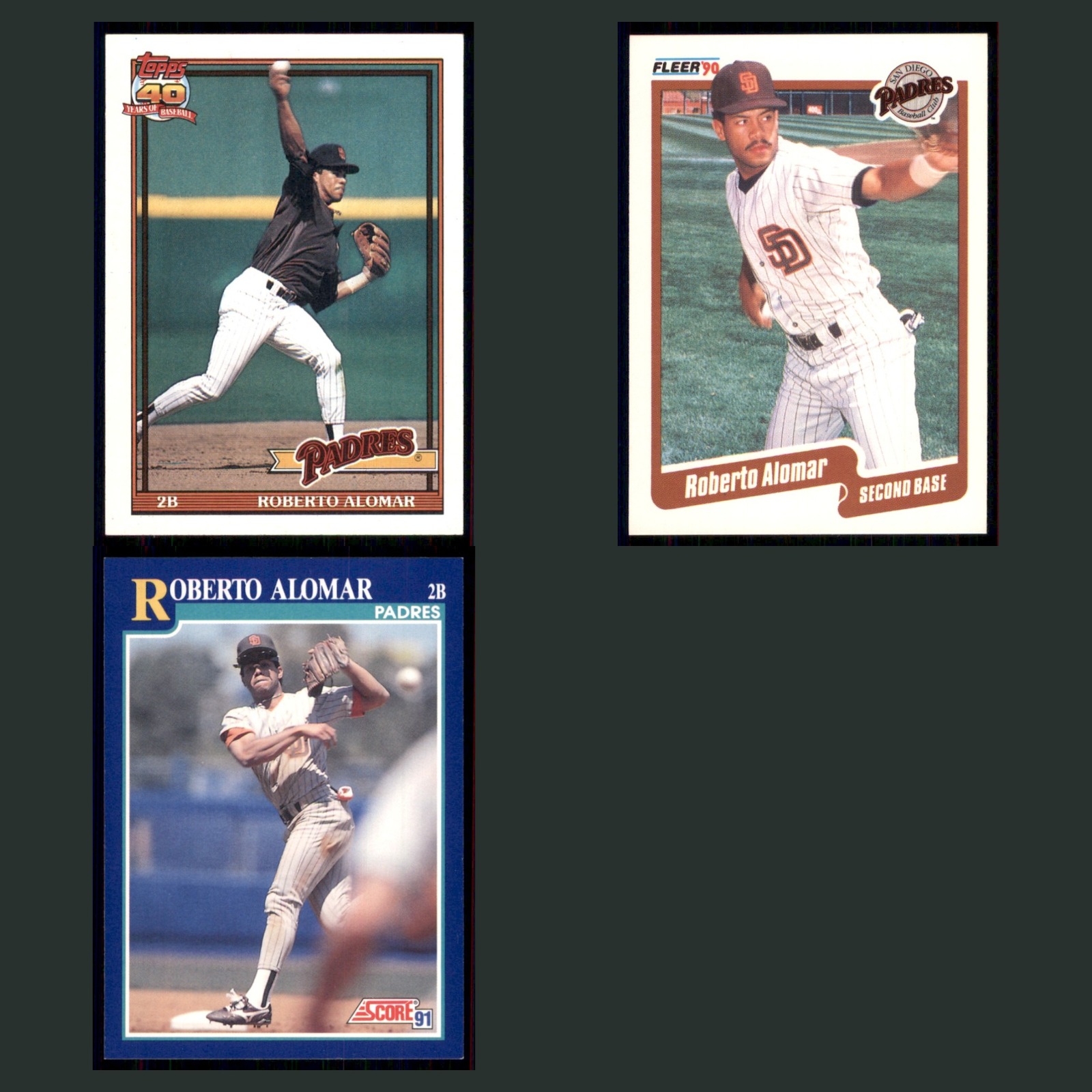 Roberto Alomar Lot 3 Baseball Cards 1991 Topps San Diego Padres Set Collection card scans. Overall card condition is Excellent.