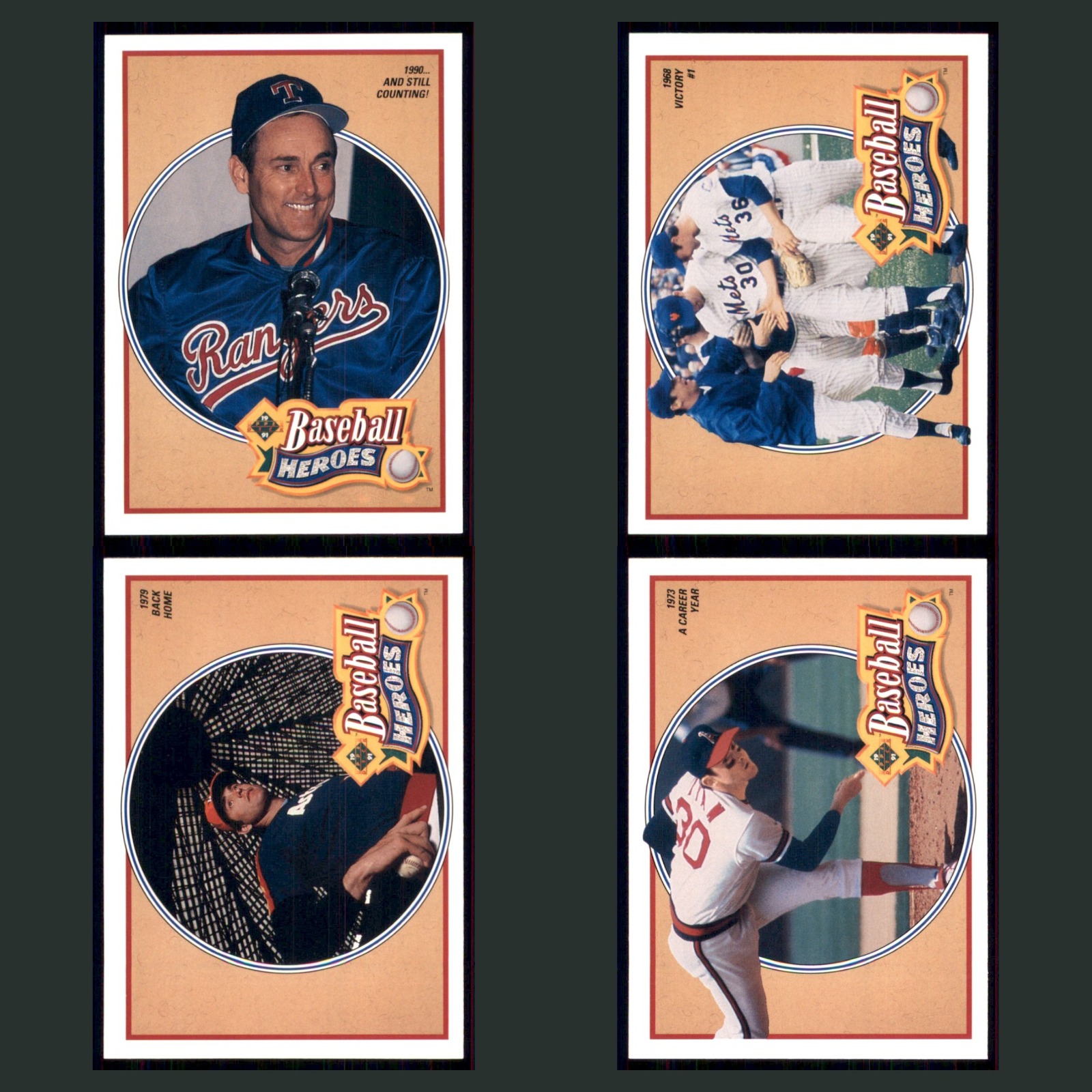 Nolan Ryan Lot 4 Baseball Cards 1991 Upper Deck Baseball Heroes Texas Rangers EX card scans. Overall card condition is Excellent.