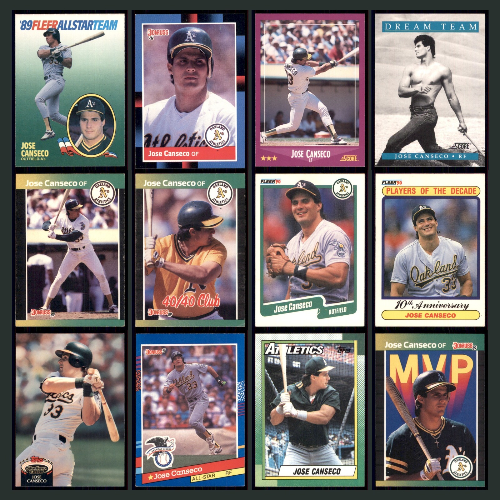 Jose Canseco Lot 12 Baseball Cards 1989 Fleer All Star Team Oakland Athletics EX card scans. Overall card condition is Excellent.