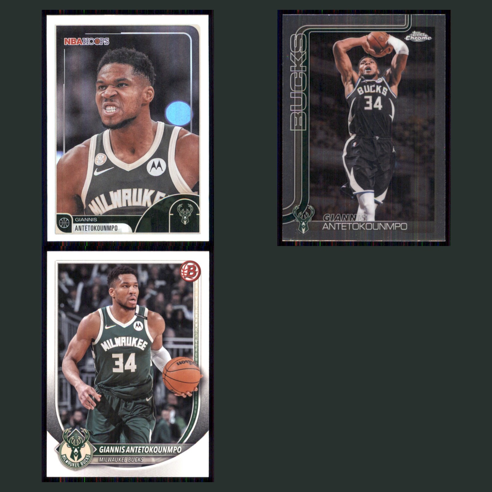Giannis Antetokounmpo Lot 3 Basketball Cards 2025 Hoops Milwaukee Bucks Set NBA card scans. Overall card condition is Near Mint.