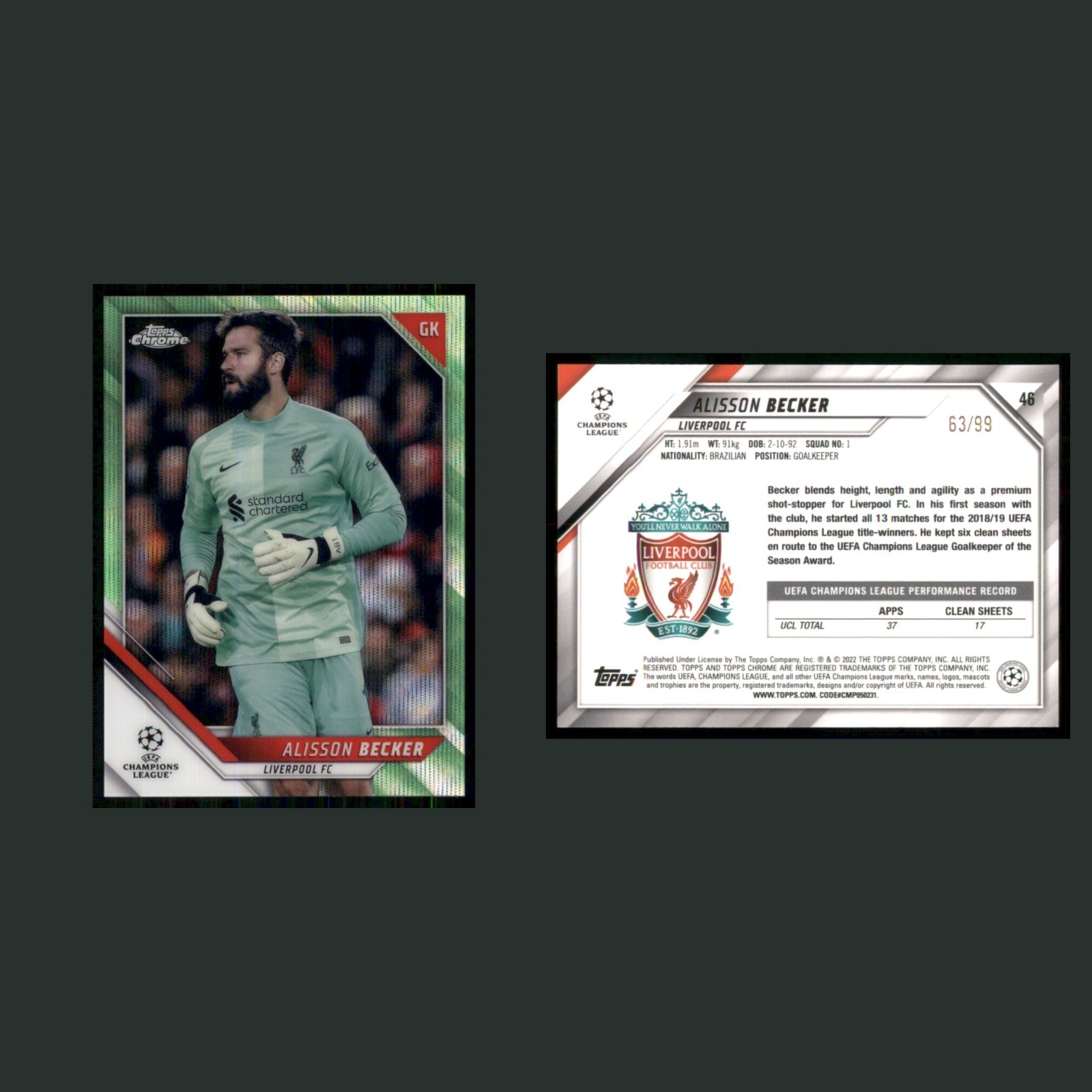 Alisson Becker /99 #46 2022 Liverpool FC Soccer Card front and back scans. Card condition is Near Mint.
