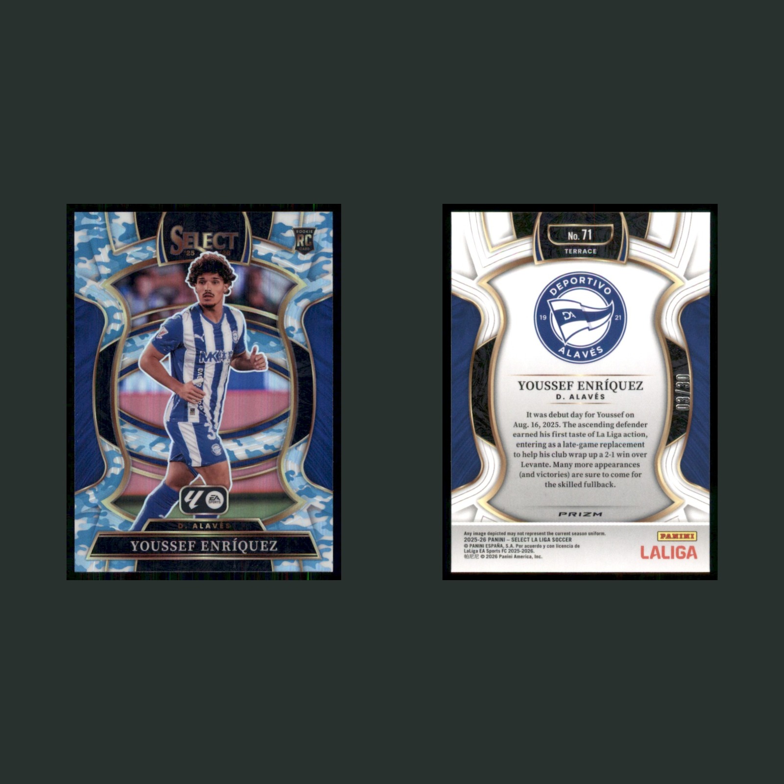 Youssef Enriquez /30 #71 2025 Panini Select La Liga Winter Camo Prizm D Alaves front and back scans. Card condition is Near Mint.