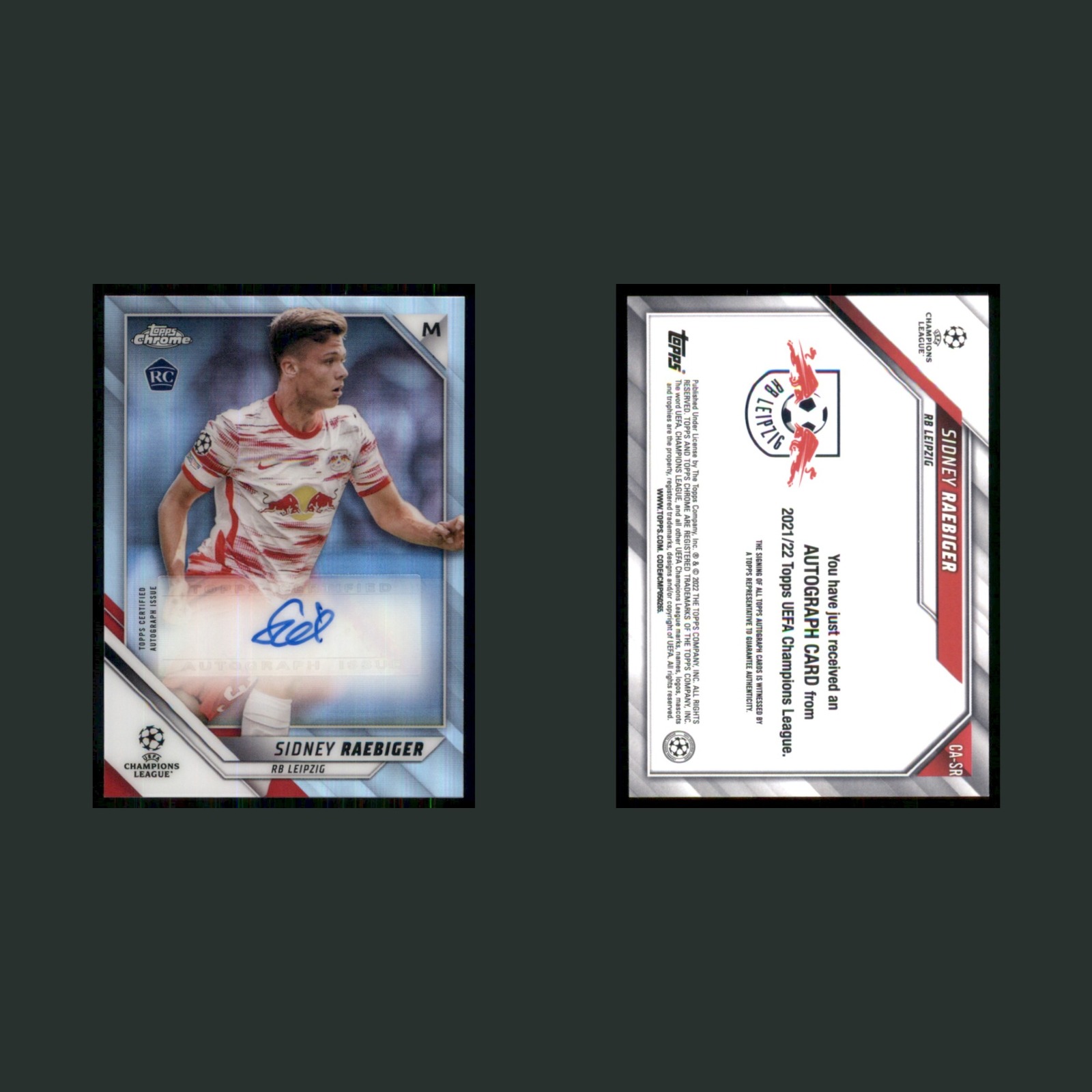 Sidney Raebiger Rookie #CA-SR Autograph 2021 RB Leipzig Soccer Card front and back scans. Card condition is Near Mint.