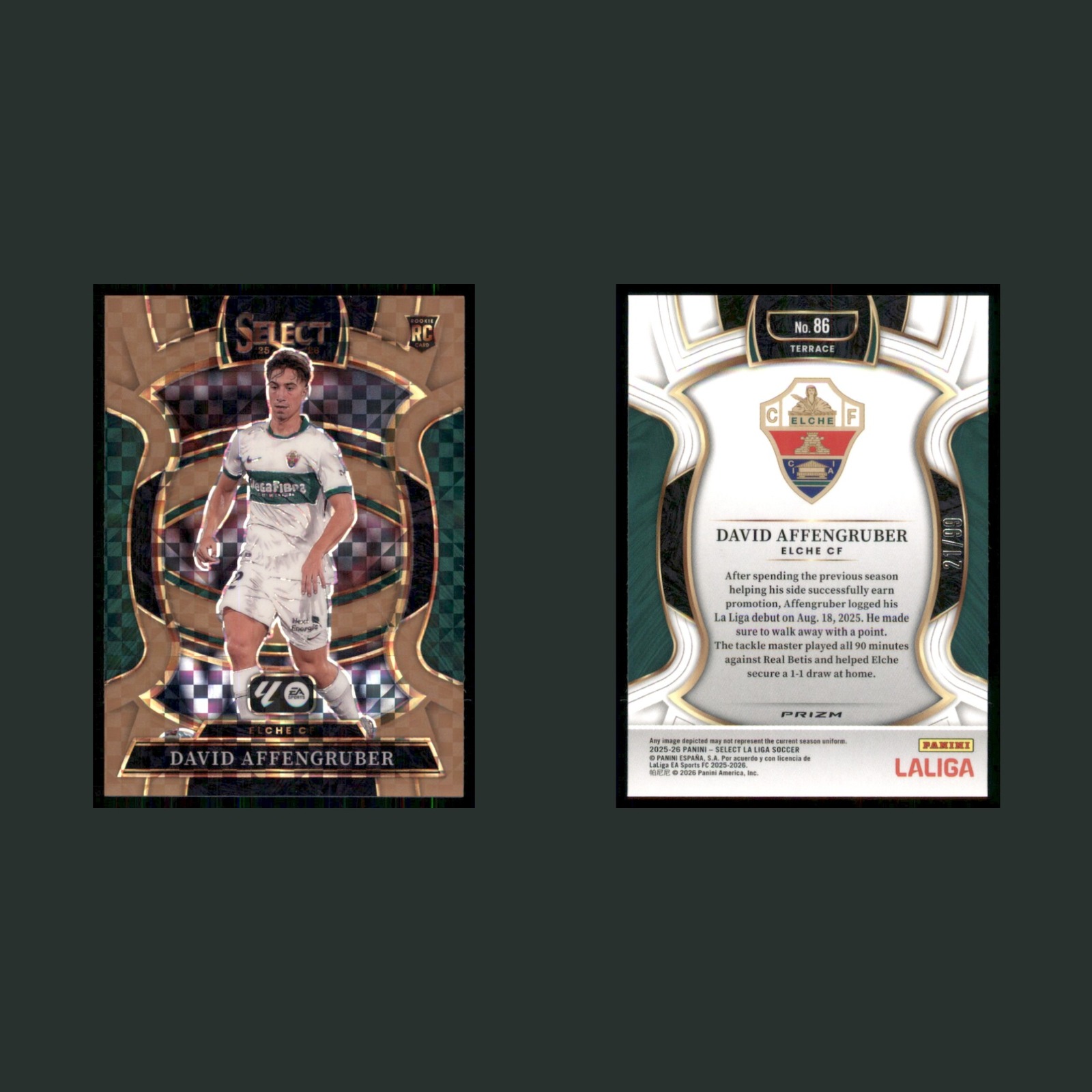 David Affengruber Rookie /99 #86 2025 Panini Select La Liga Bronze Checker Prizm front and back scans. Card condition is Near Mint.