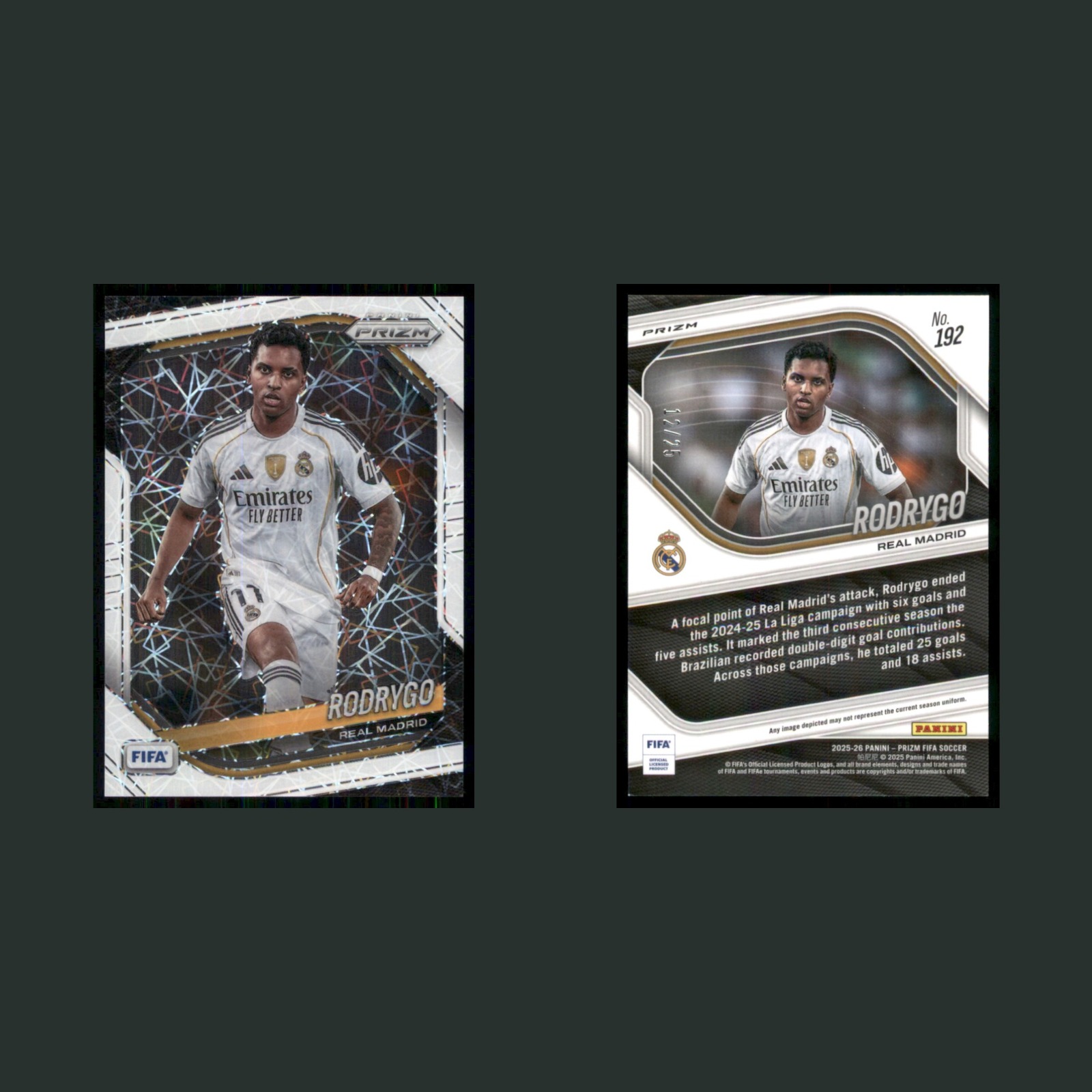 Rodrygo /25 #182 2025 Panini Prizm FIFA White Lazer Real Madrid Soccer Card front and back scans. Card condition is Near Mint.