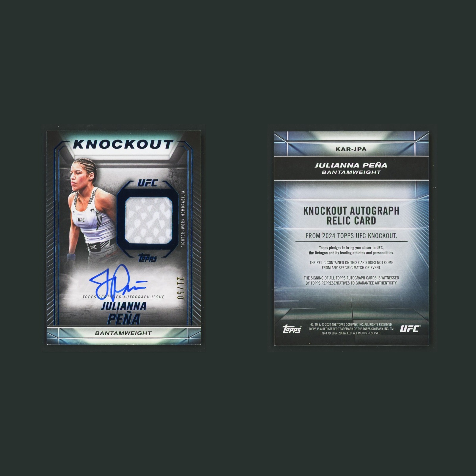 Julianna Peña Patch Auto /50 #KAR-JPA Autograph 2024 Topps Knockout UFC Blue MMA front and back scans. Card condition is Near Mint.