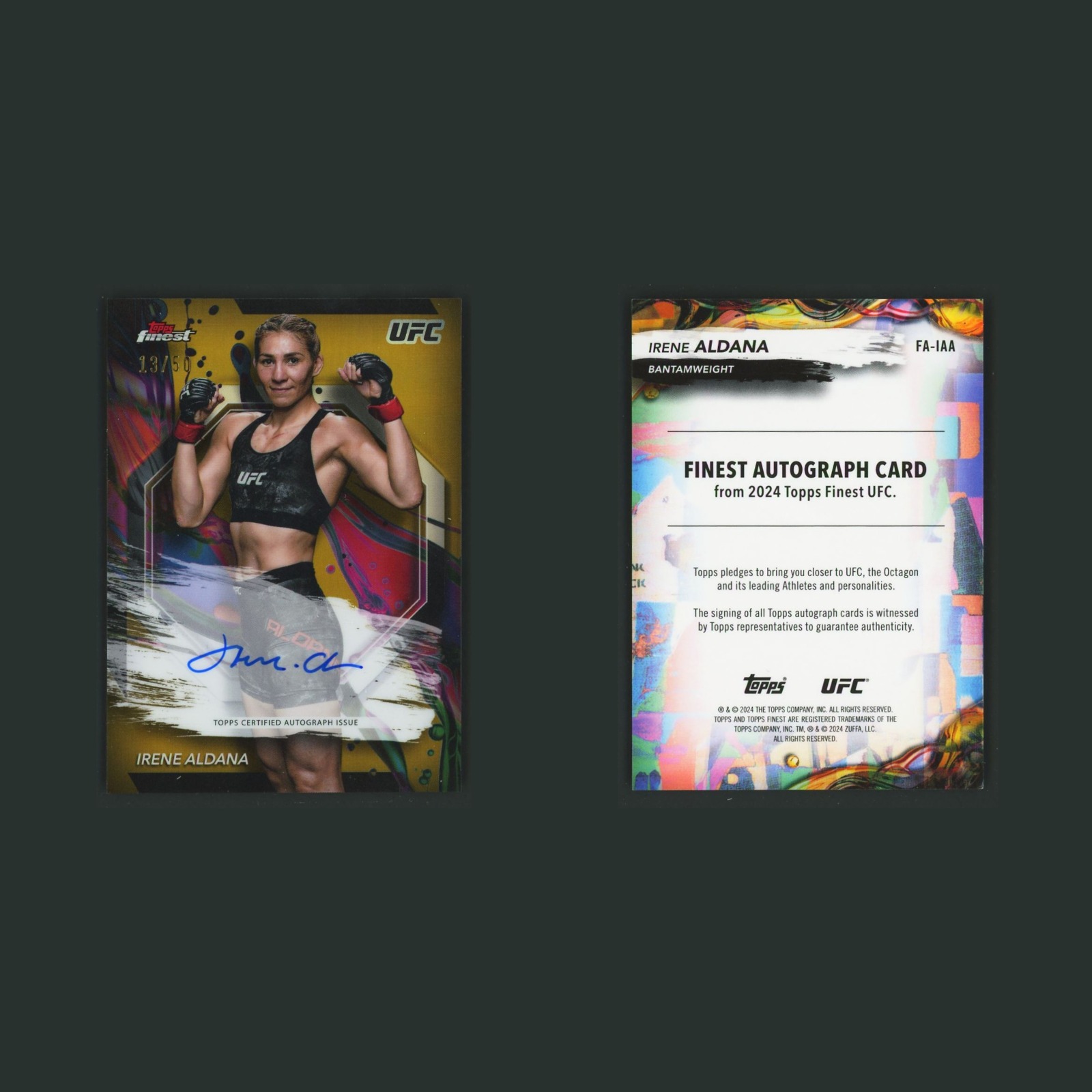 Irene Aldana Auto /50 #FA-IAA Autograph 2024 Topps Finest UFC Gold Refractor MMA front and back scans. Card condition is Near Mint.