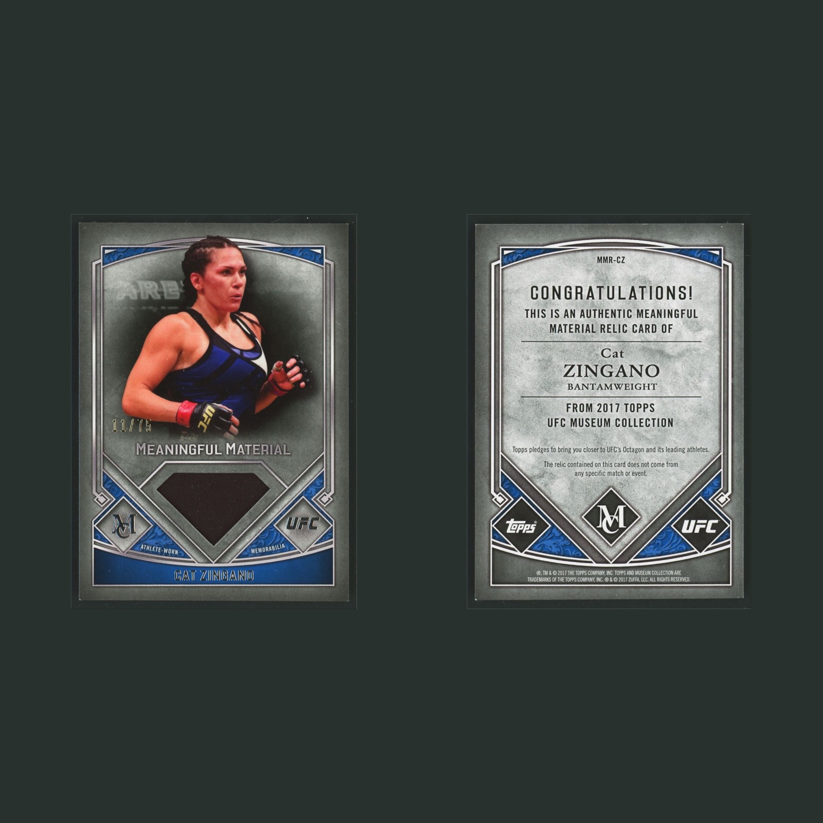 Cat Zingano Patch /75 #MMR-CZ 2017 MMA Card front and back scans. Card condition is Near Mint.