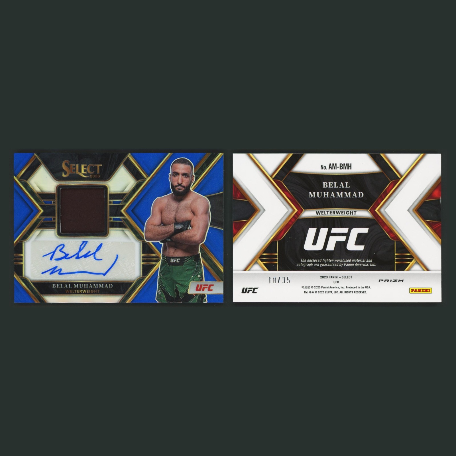 Belal Muhammad Patch Auto /35 #AM-BMH Autograph 2023 MMA Card front and back scans. Card condition is Near Mint.