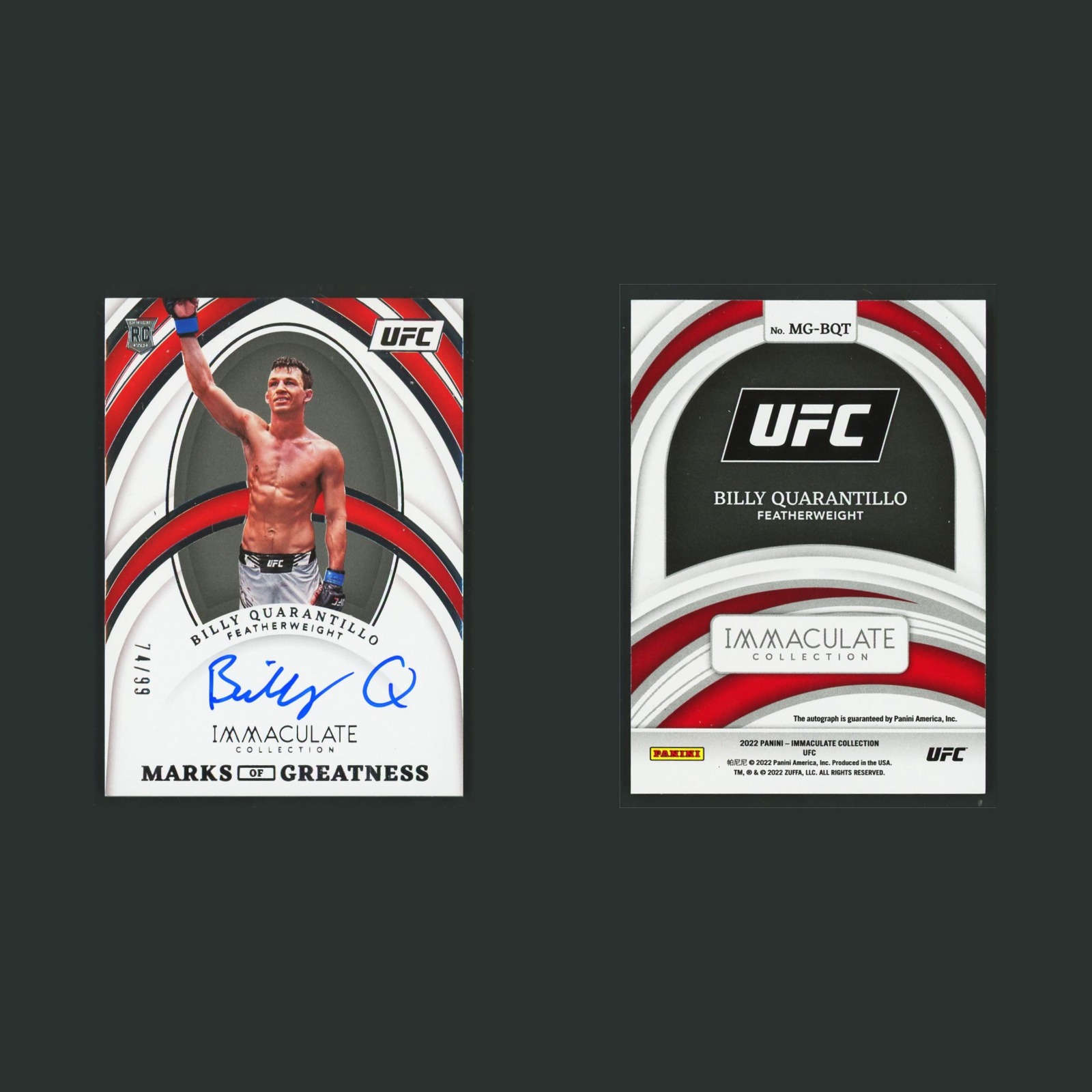 Billy Quarantillo Rookie /99 #MG-BQT Autograph 2022 MMA Card front and back scans. Card condition is Near Mint.
