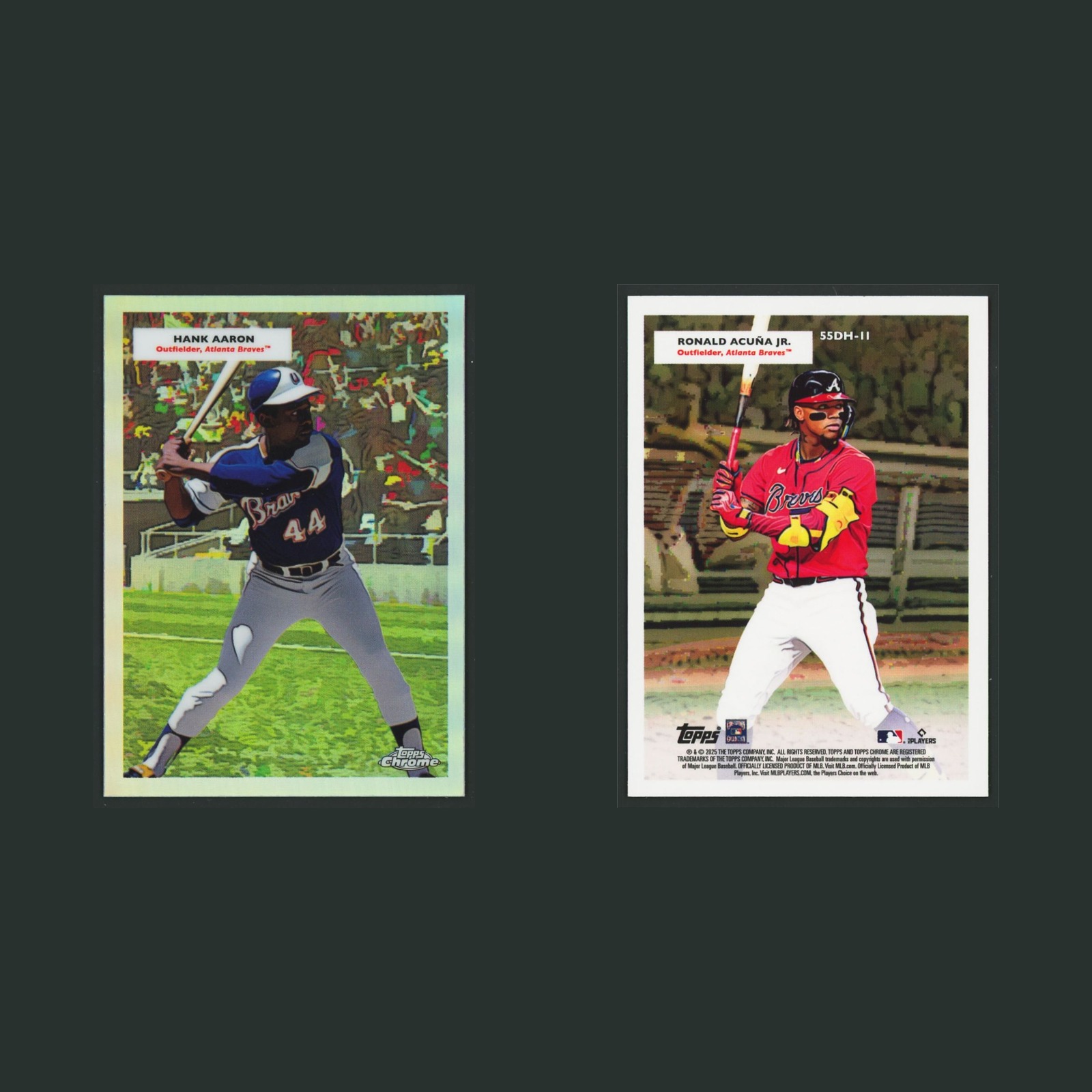 Hank Aaron/Ronald Acuna Jr #SSDH-11 2025 Topps Chrome Platinum Double Headers front and back scans. Card condition is Near Mint.