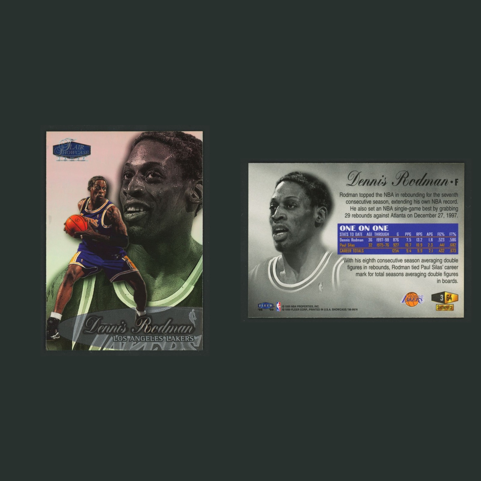 Dennis Rodman #64 1998-99 Flair Showcase Power Los Angeles Lakers Basketball NBA front and back scans. Card condition is Excellent.