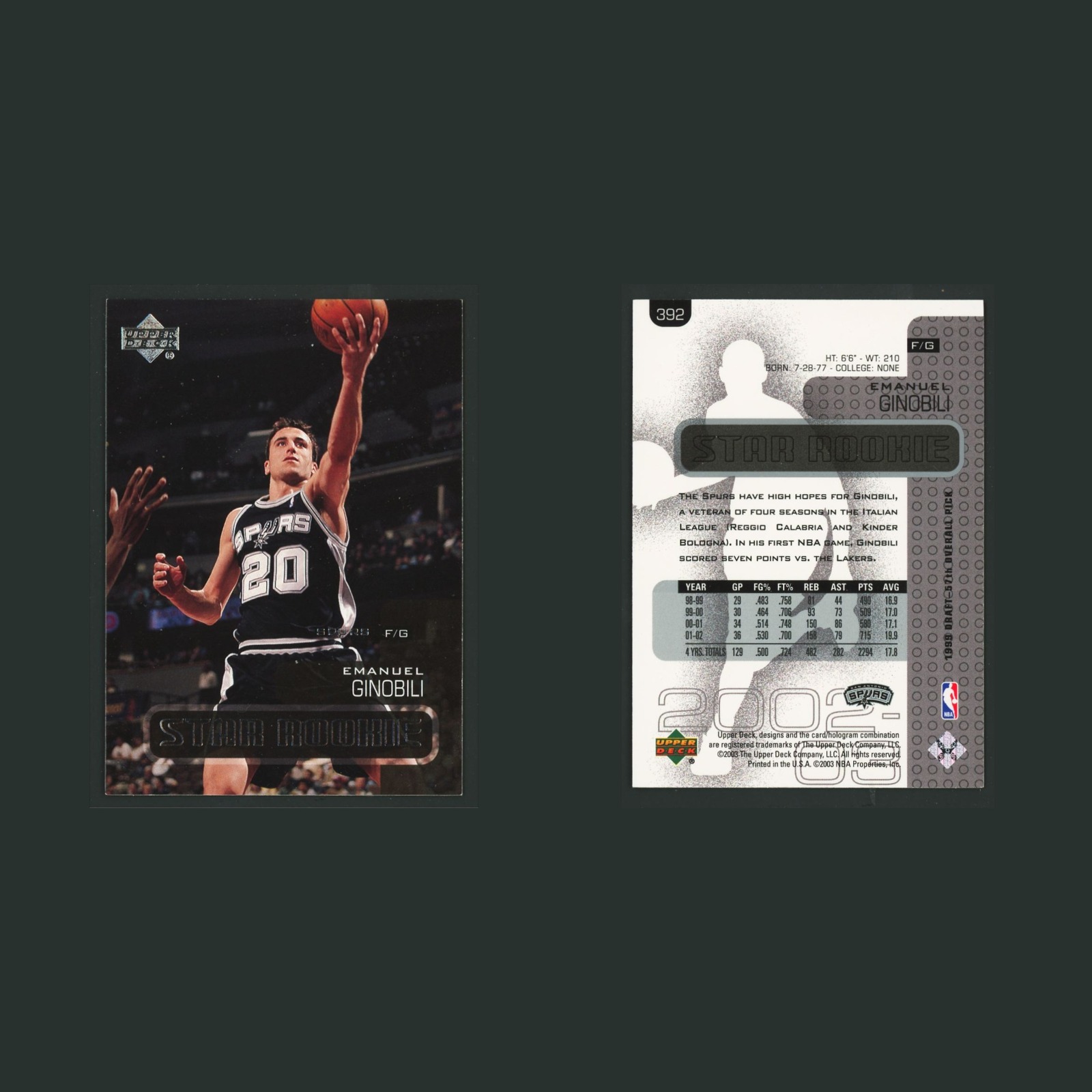Emanuel Ginobili Rookie #392 Manu 2003-04 Upper Deck San Antonio Spurs Card NBA front and back scans. Card condition is Excellent.