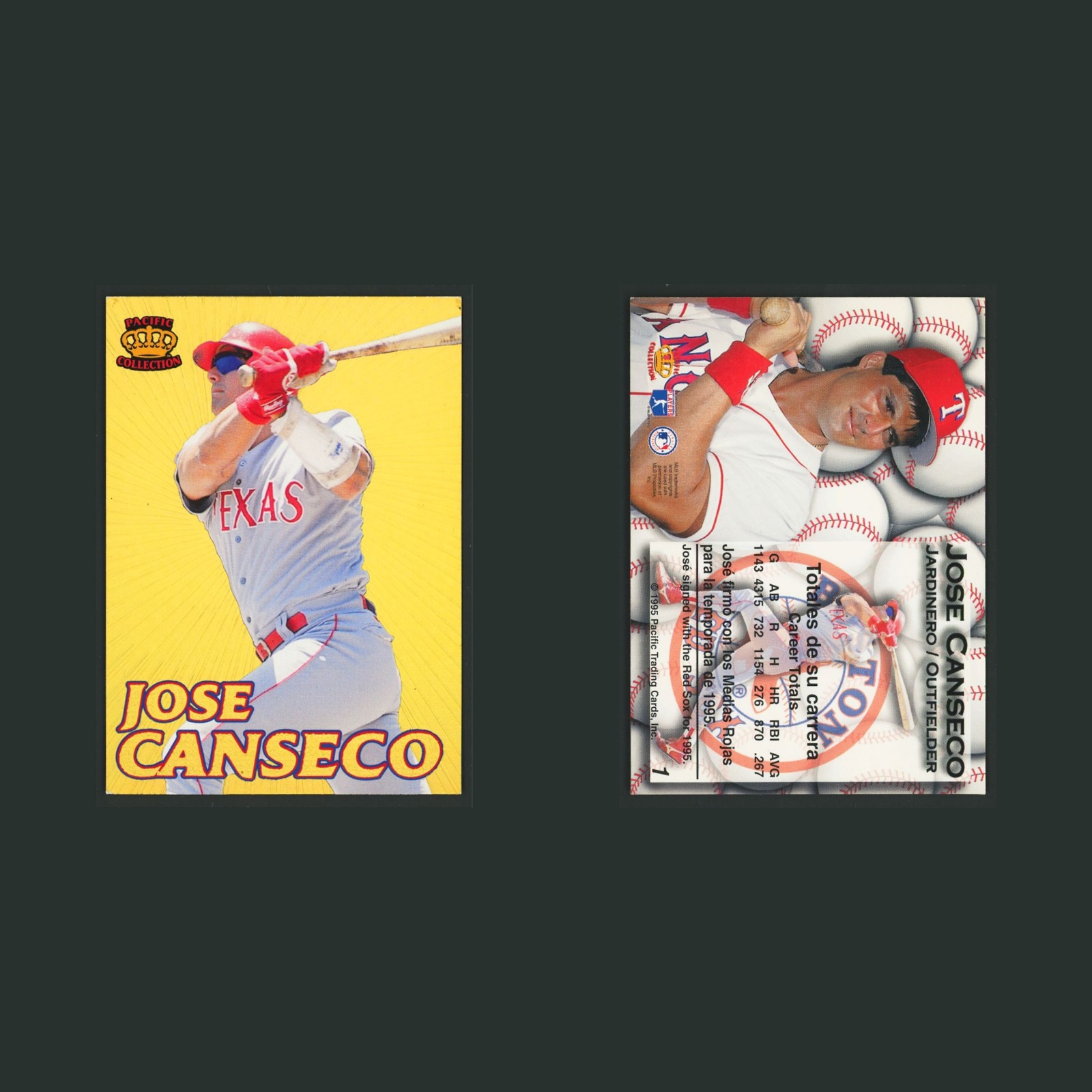 Jose Canseco #1 1995 Pacific Prism Gold Texas Rangers Baseball Card MLB front and back scans. Card condition is Excellent.