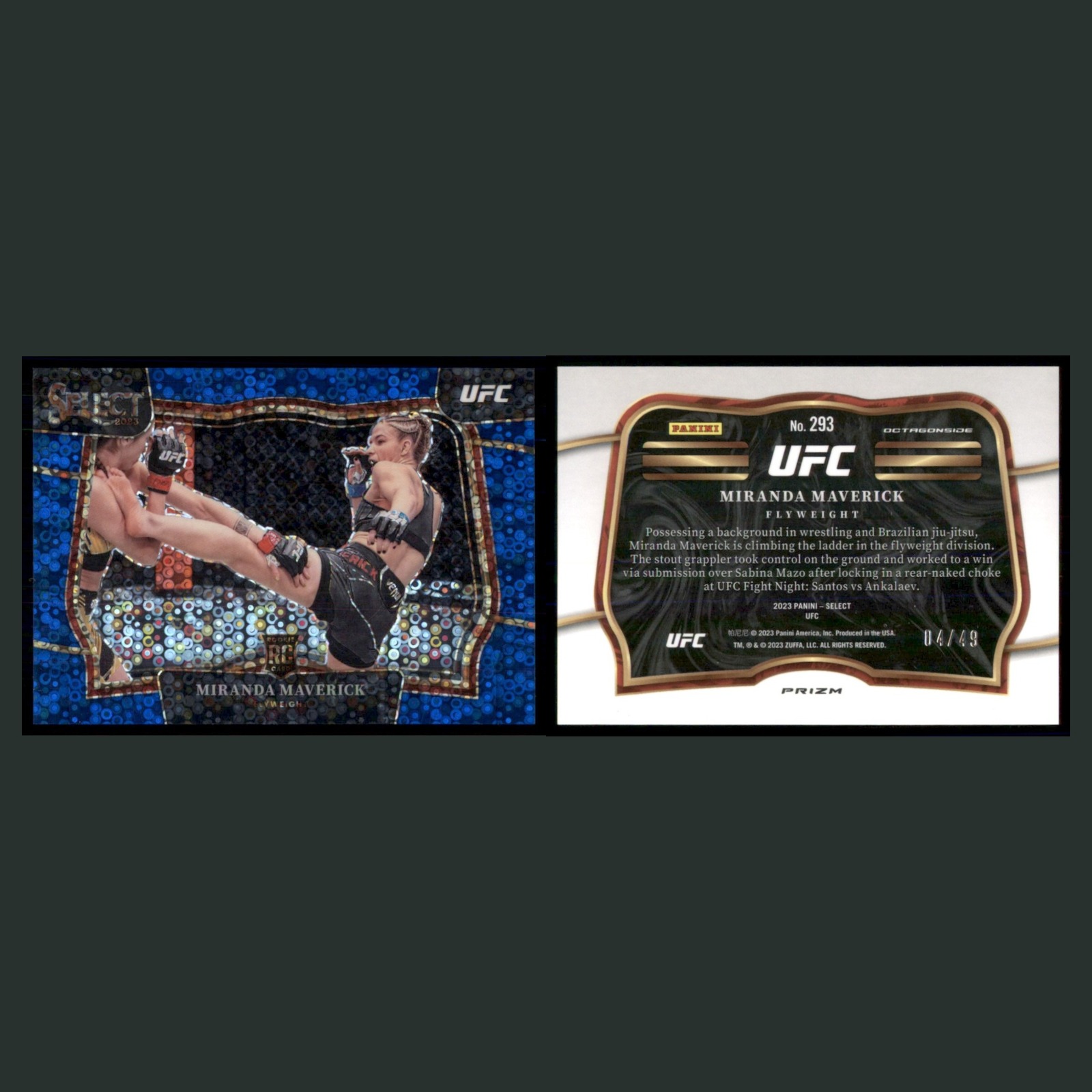 Miranda Maverick Rookie /49 #293 2023 Panini Select UFC Blue Disco Prizm MMA front and back scans. Card condition is Near Mint.