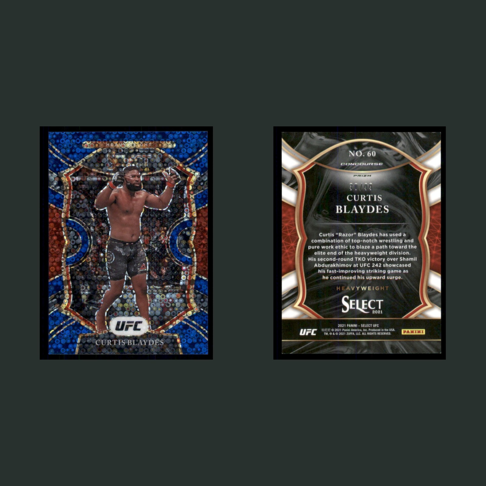 Curtis Blaydes /99 #60 2021 Panini Select UFC Blue Disco Prizm MMA Card front and back scans. Card condition is Near Mint.