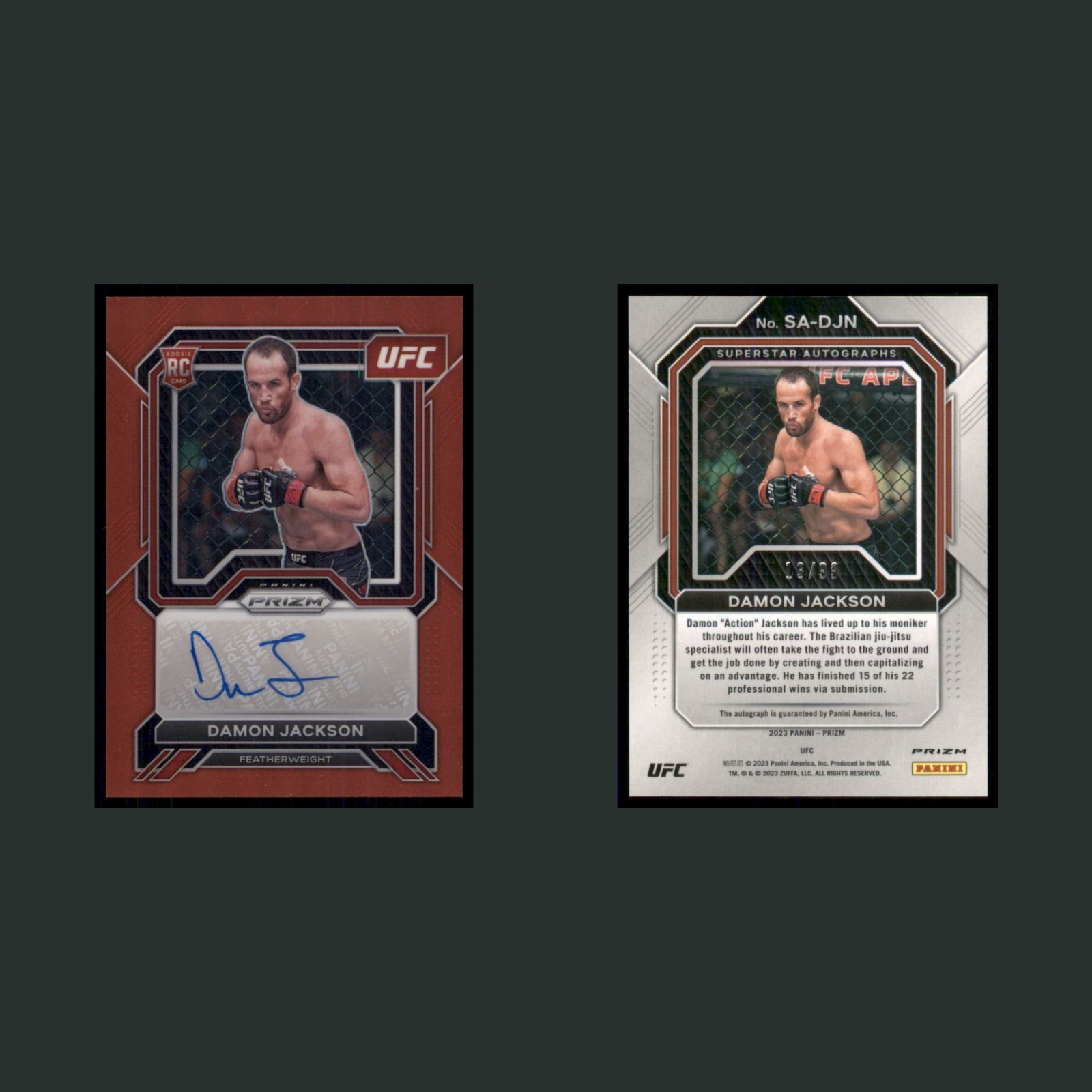 Damon Jackson Rookie /99 #SA-DJN Autograph 2023 Panini Prizm UFC Red MMA Card front and back scans. Card condition is Near Mint.