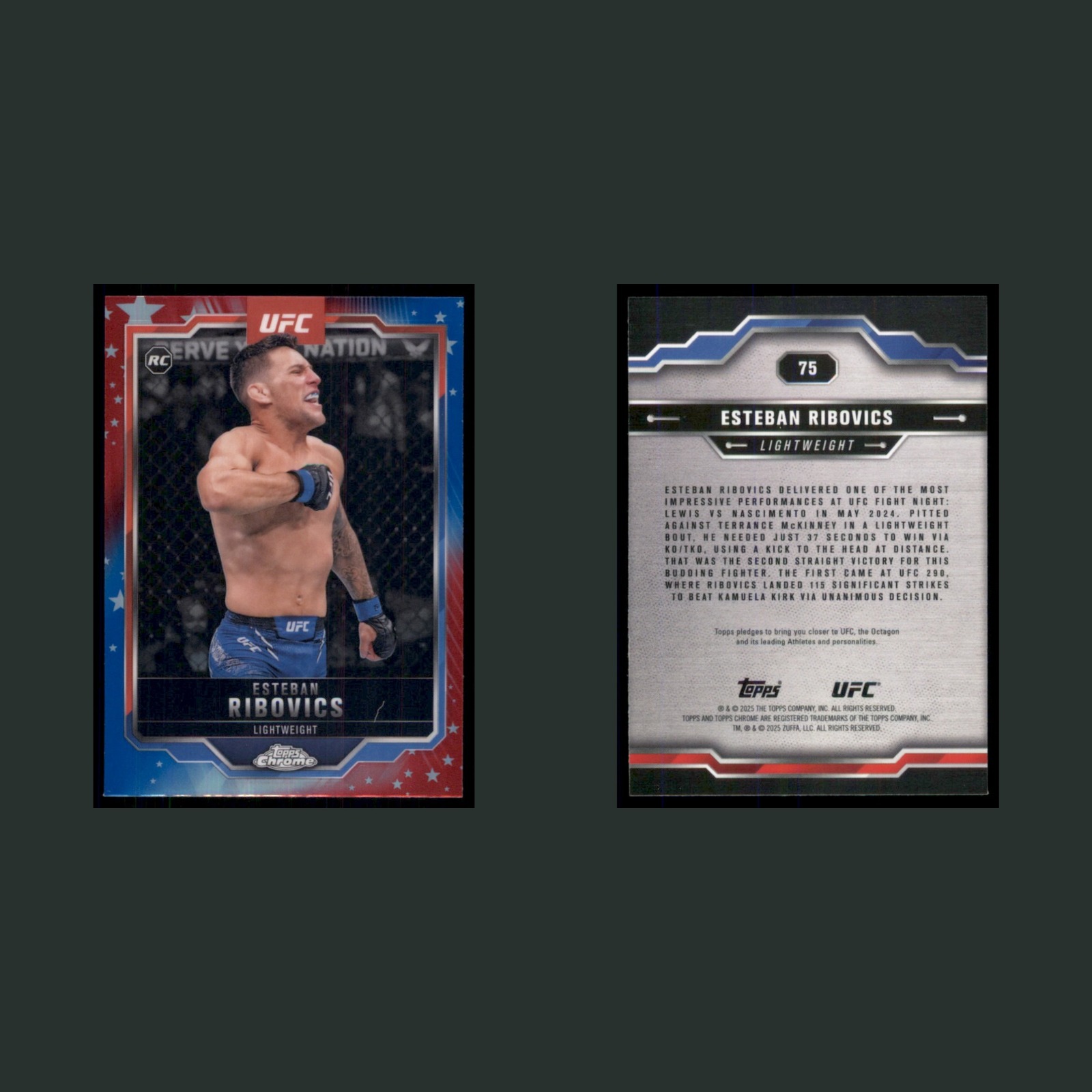 Esteban Ribovics Rookie #75 2025 Topps Chrome UFC Red Blue Refractor MMA Card front and back scans. Card condition is Near Mint.