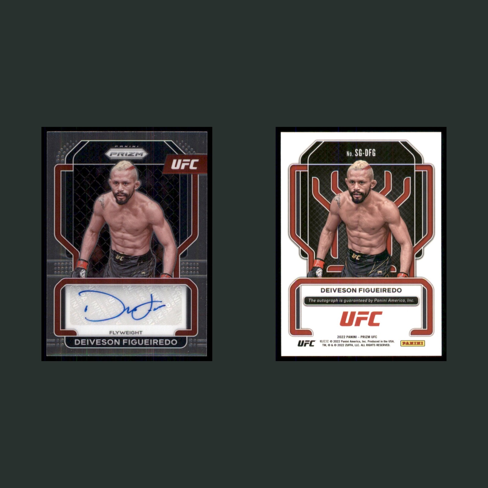 Deiveson Figueiredo Auto #SG-DFG Autograph 2022 Panini Prizm UFC MMA Card front and back scans. Card condition is Near Mint.