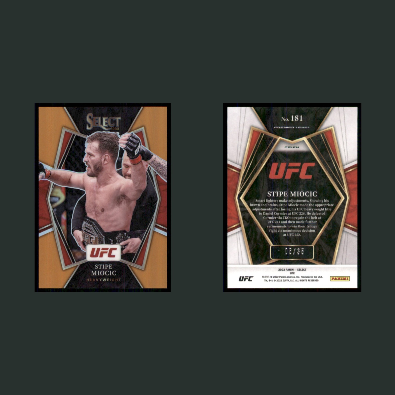 Stipe Miocic /35 #181 2022 Panini Select UFC Orange Prizm MMA Card front and back scans. Card condition is Near Mint.