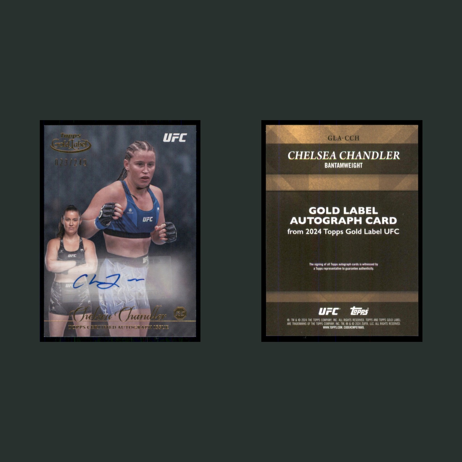 Chelsea Chandler Rookie /249 #GLA-CCH Autograph 2024 Topps Gold Label UFC MMA front and back scans. Card condition is Near Mint.