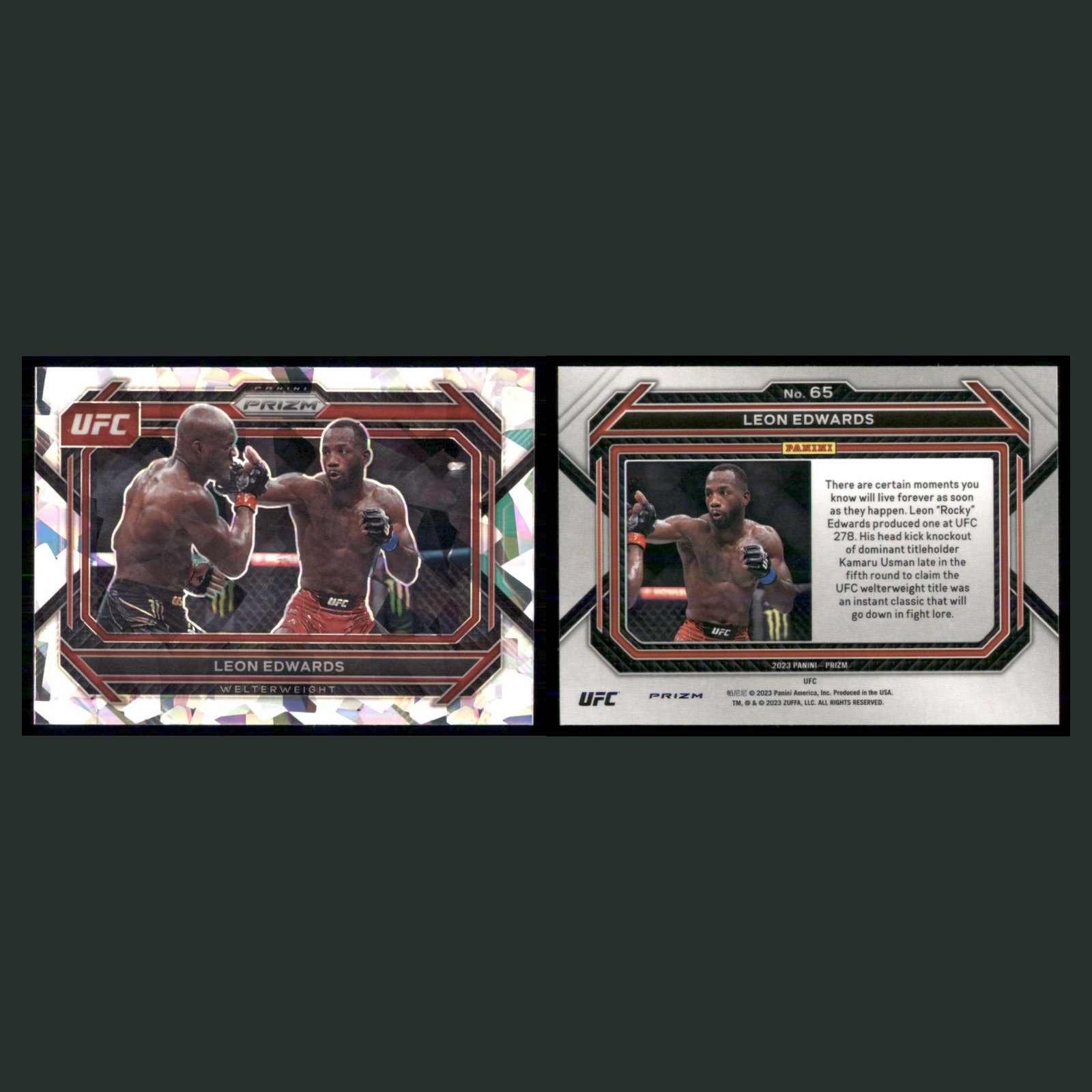 Leon Edwards #65 2023 Panini Prizm UFC Cracked Ice MMA Card front and back scans. Card condition is Near Mint.