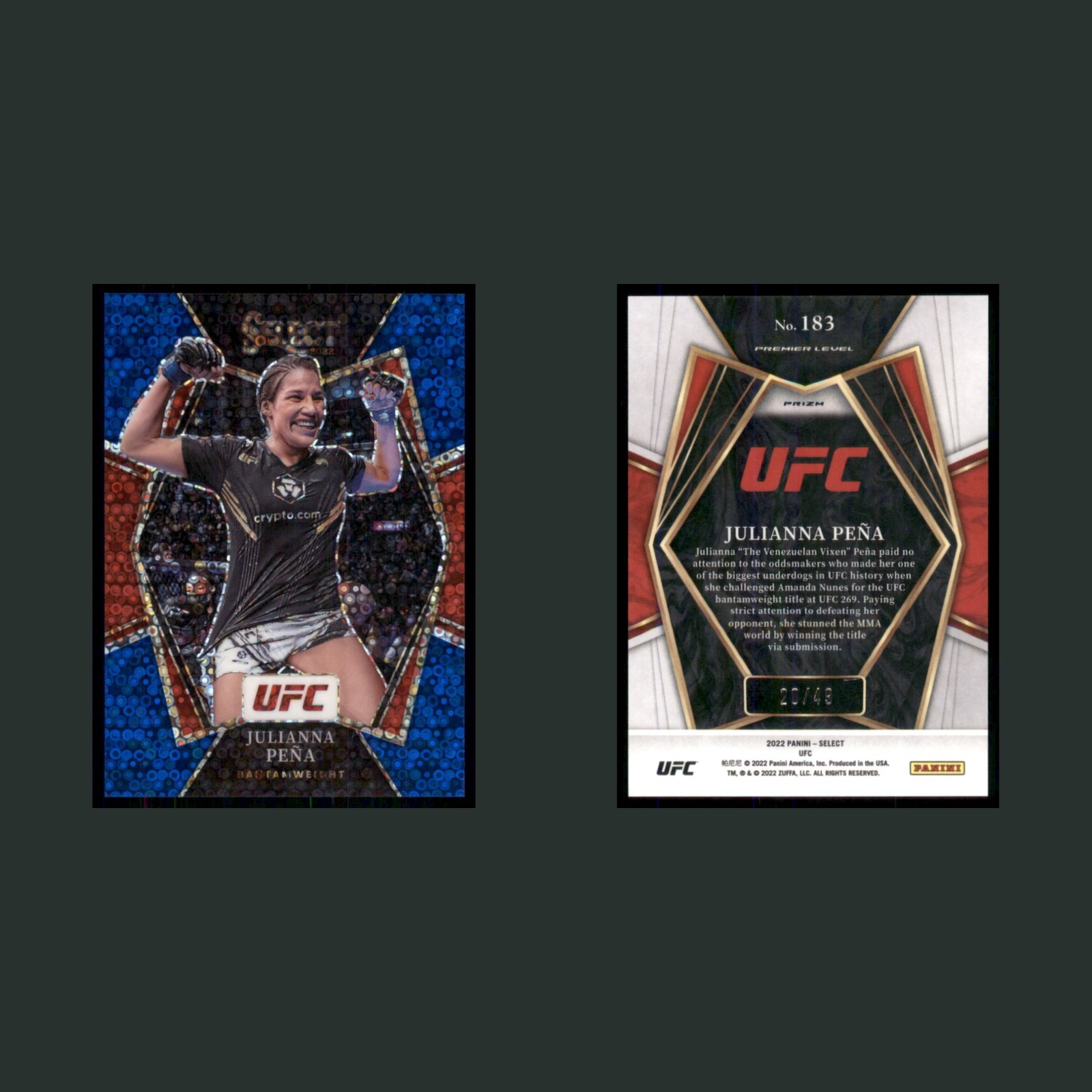 Julianna Pena /49 #183 2022 Panini Select UFC Blue Disco Prizm MMA Card front and back scans. Card condition is Near Mint.