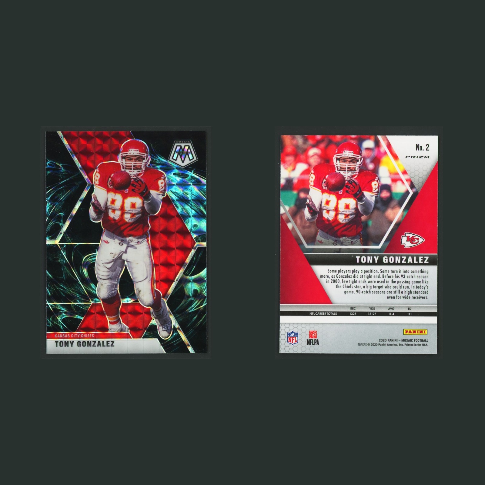 Tony Gonzalez #2 2020 Panini Mosaic Genesis Prizm Kansas City Chiefs Football front and back scans. Card condition is Near Mint.