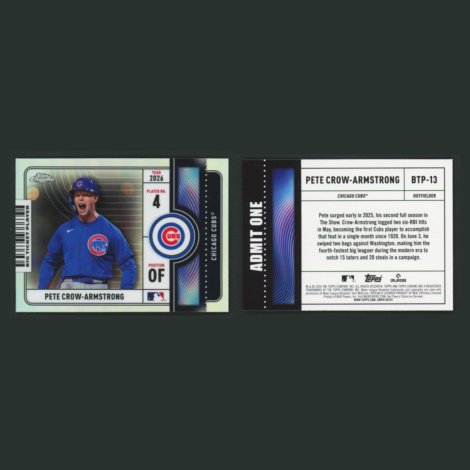 Pete Crow-Armstrong #BTP-13 2026 Topps Chrome Big Ticket Players Chicago Cubs front and back scans. Card condition is Near Mint.