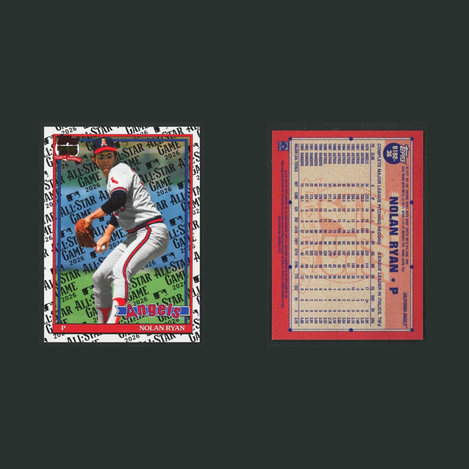 Nolan Ryan #91B2-36 2026 Topps All Star Game Foil California Angels Baseball MLB front and back scans. Card condition is Near Mint.