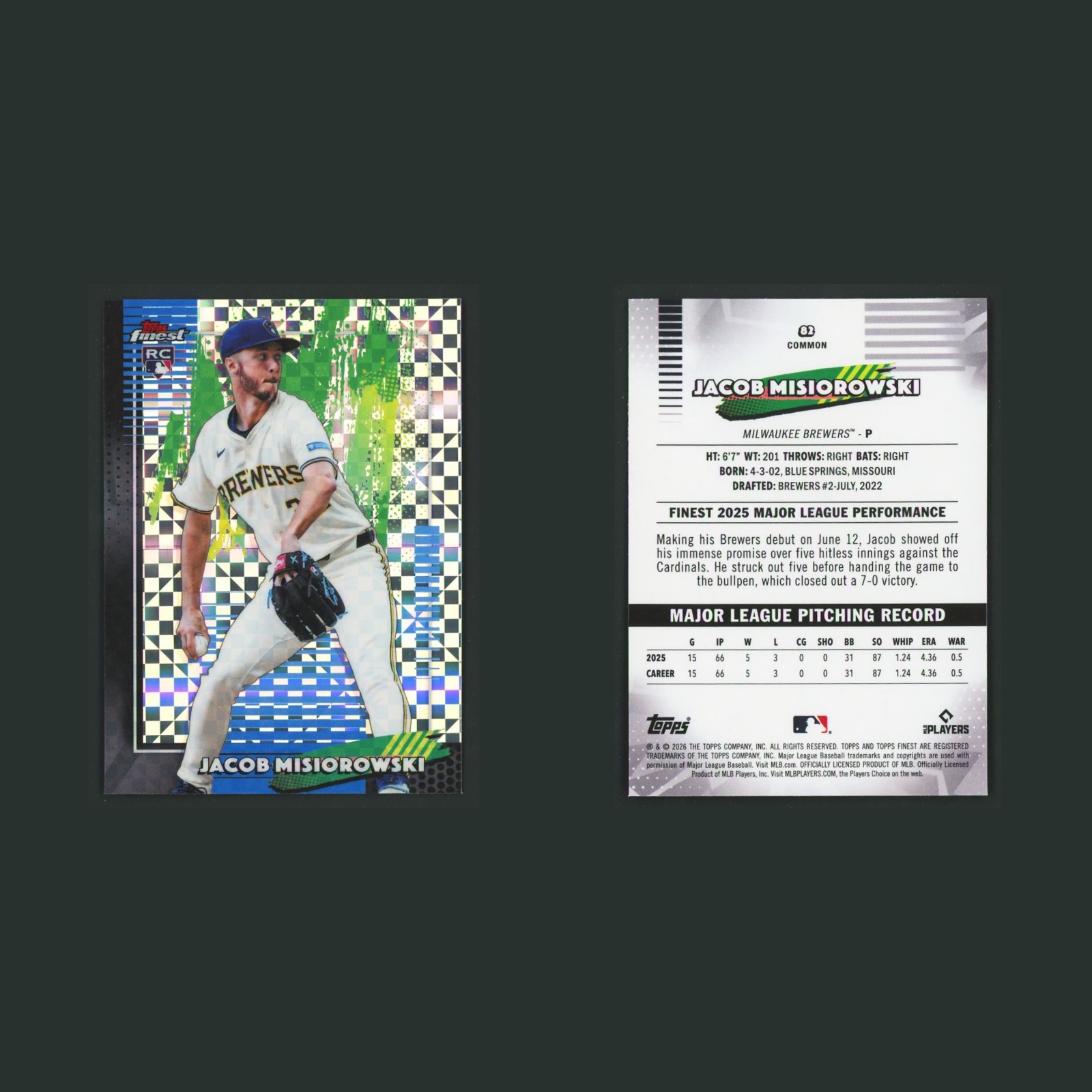 Jacob Misiorowski Rookie #82 2026 Finest Xfractor Milwaukee Brewers Baseball MLB front and back scans. Card condition is Near Mint.