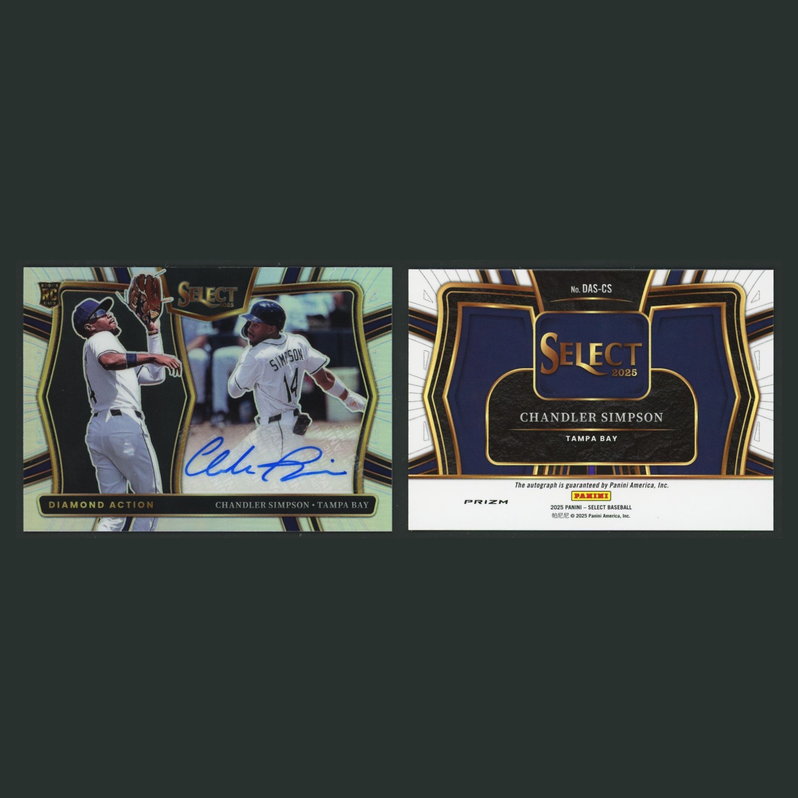 Chandler Simpson Rookie #DAS-CS Autograph 2025 Tampa Bay Rays Baseball Card MLB front and back scans. Card condition is Near Mint.
