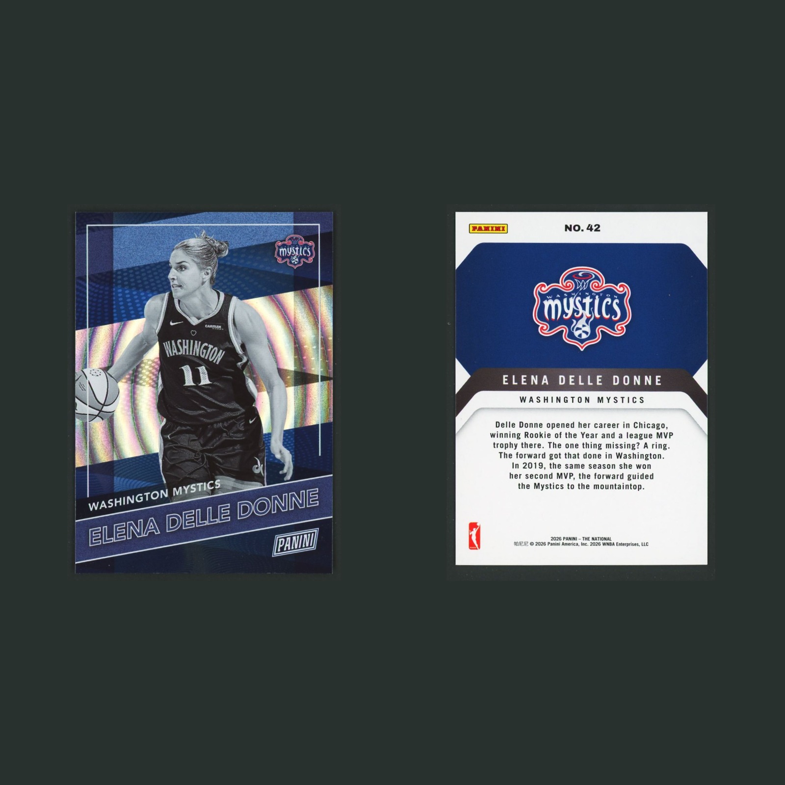 Elena Delle Donne #42 2026-27 Panini The National Swirl Foil Washington Mystics front and back scans. Card condition is Near Mint.