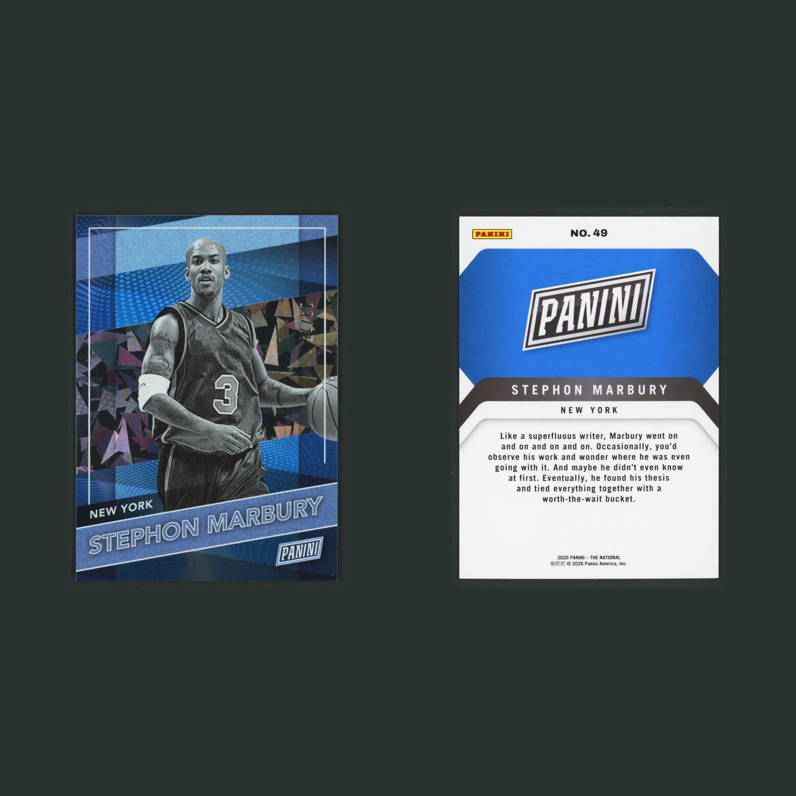 Stephon Marbury /25 #49 2026-27 Panini The National Cracked Ice New York Knicks front and back scans. Card condition is Near Mint.