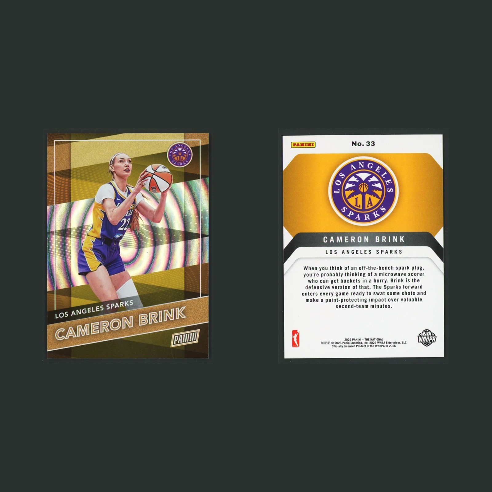 Cameron Brink #33 2026-27 Panini The National Swirl Foil Los Angeles Sparks Card front and back scans. Card condition is Near Mint.